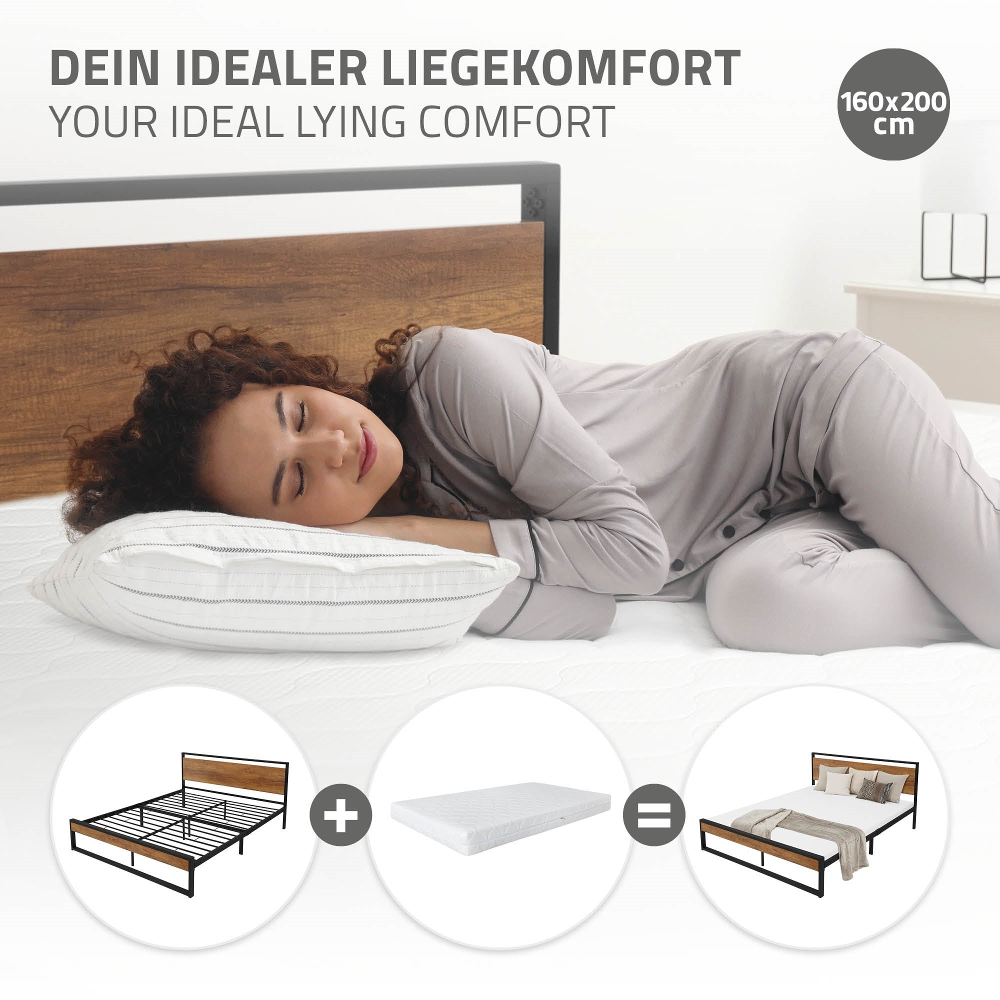 Eine schlafende Person auf einem Bett mit Kopfkissen und Bettdecke.