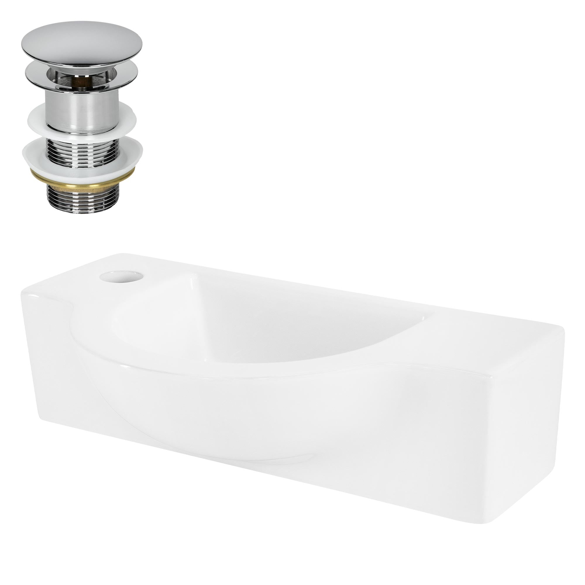Sink with chrome drain valve and side drain hole.