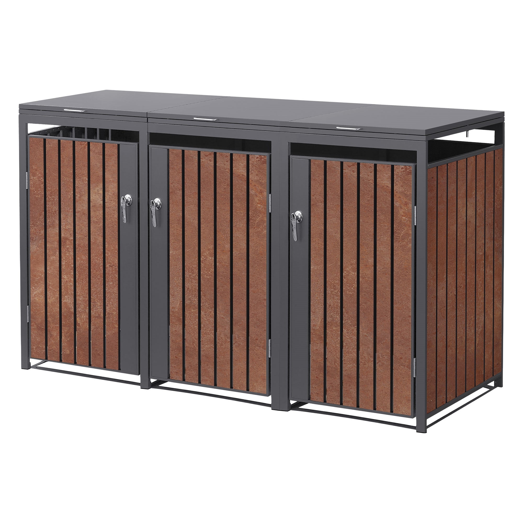 Scatola per pattumiere con tre porte, in acciaio con rivestimento in legno.