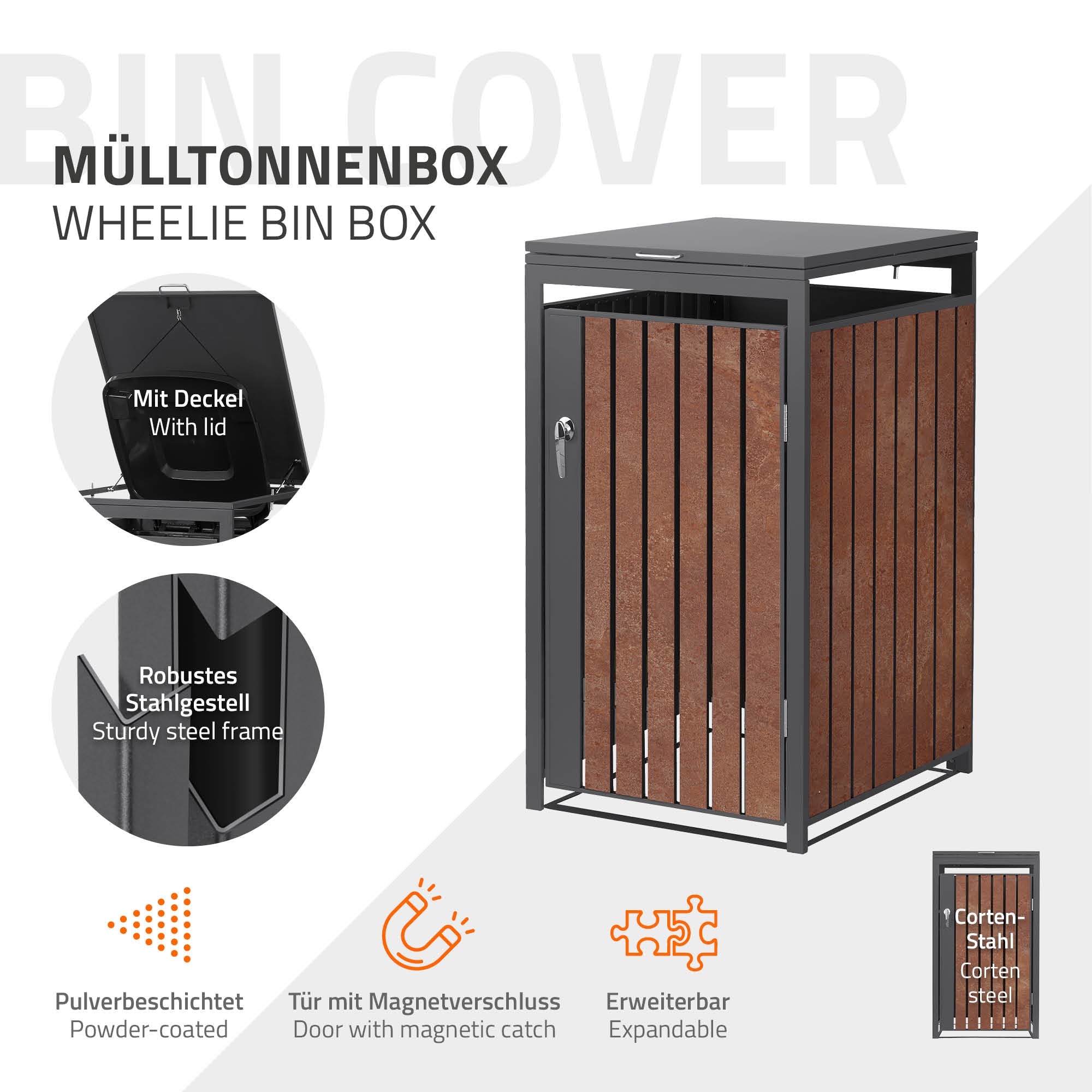 Box per contenitori della spazzatura con coperchio e robusto telaio in acciaio.