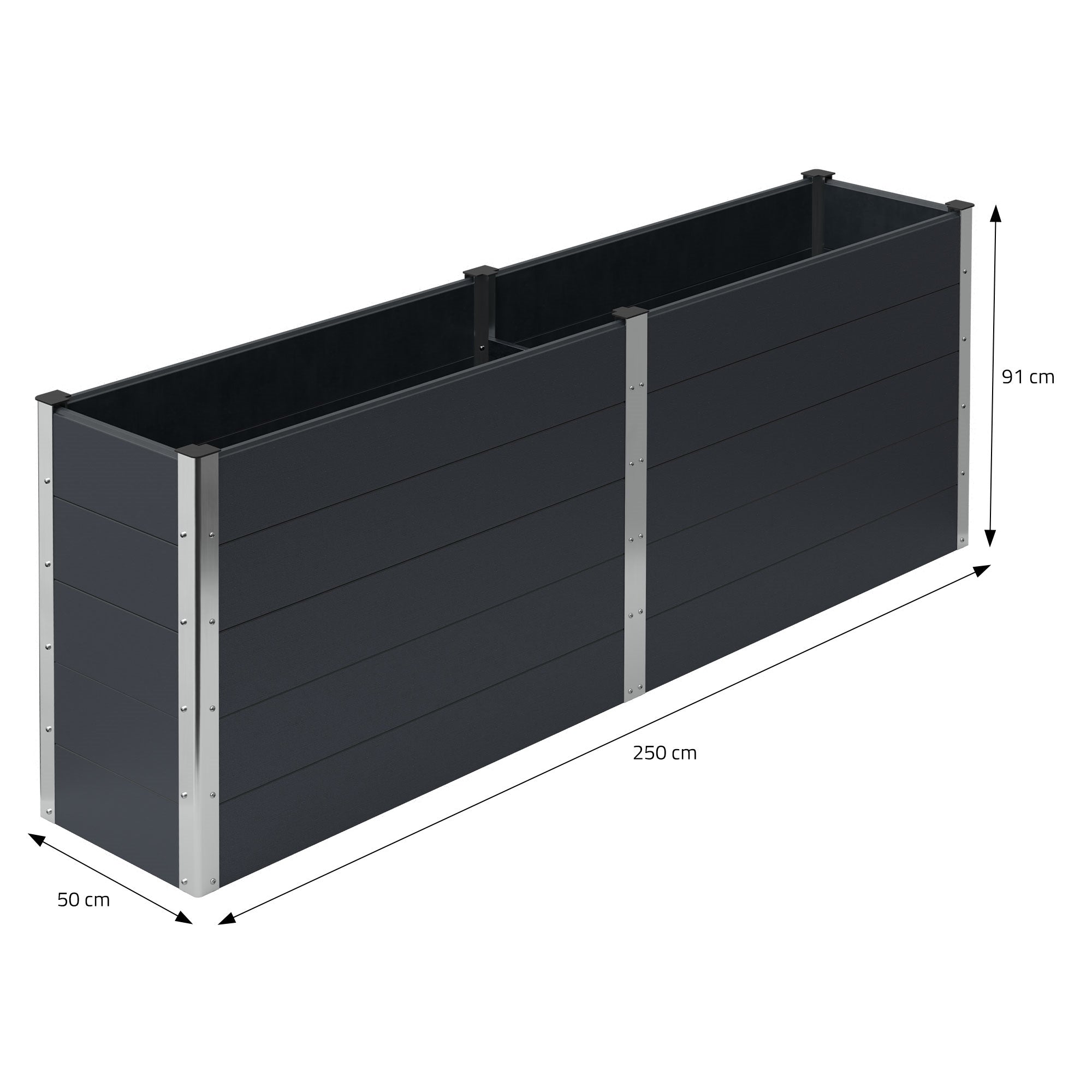 Langer Pflanzkasten mit zwei Fächern, 250 cm lang, 50 cm breit, 91 cm hoch.