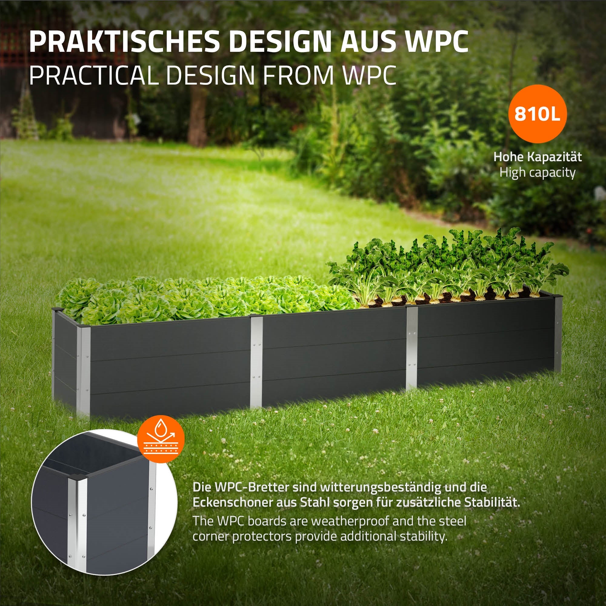 Huerto elevado de WPC con plantas, muestra alta capacidad y estabilidad.