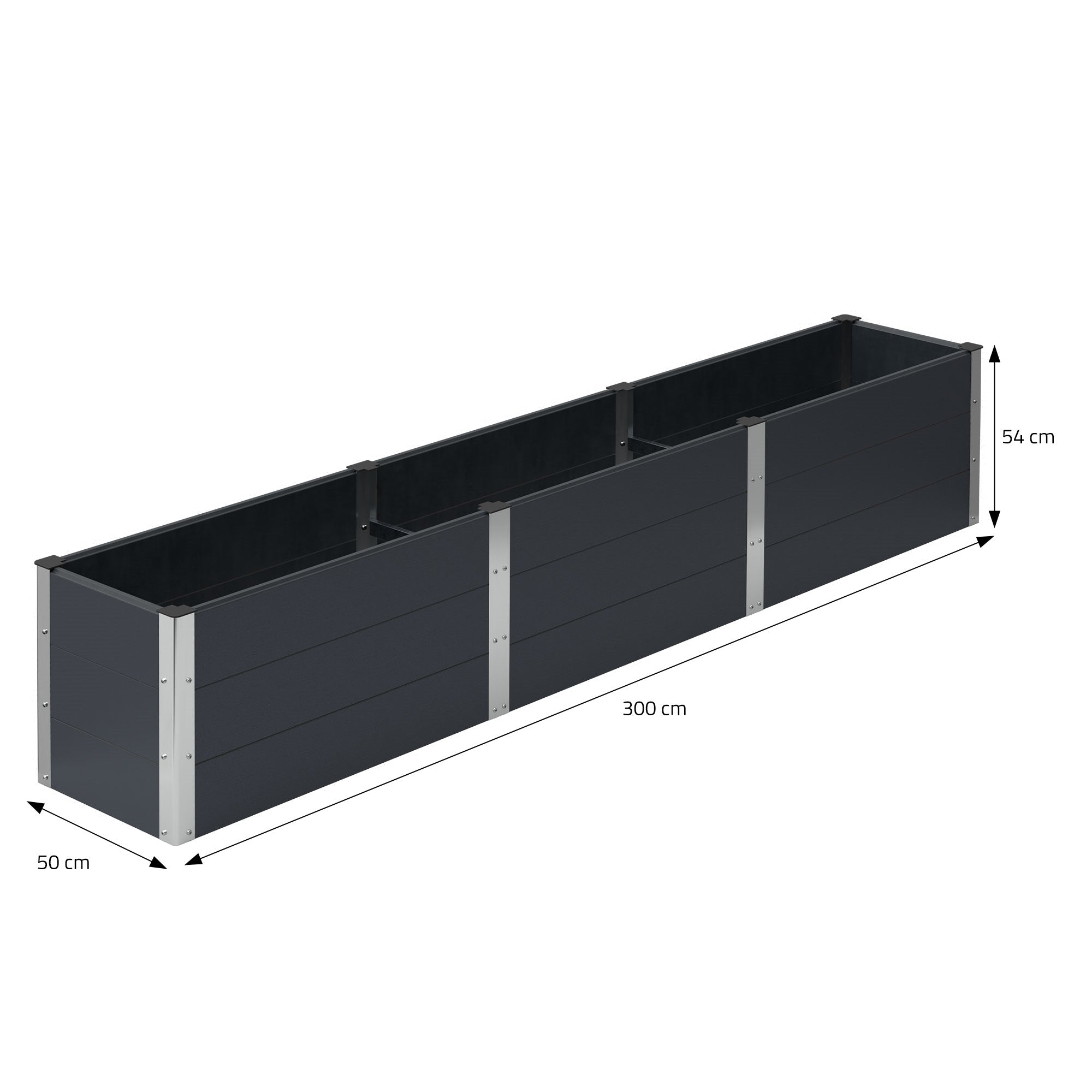 Caja de cultivo larga y rectangular de metal con dimensiones y partes.