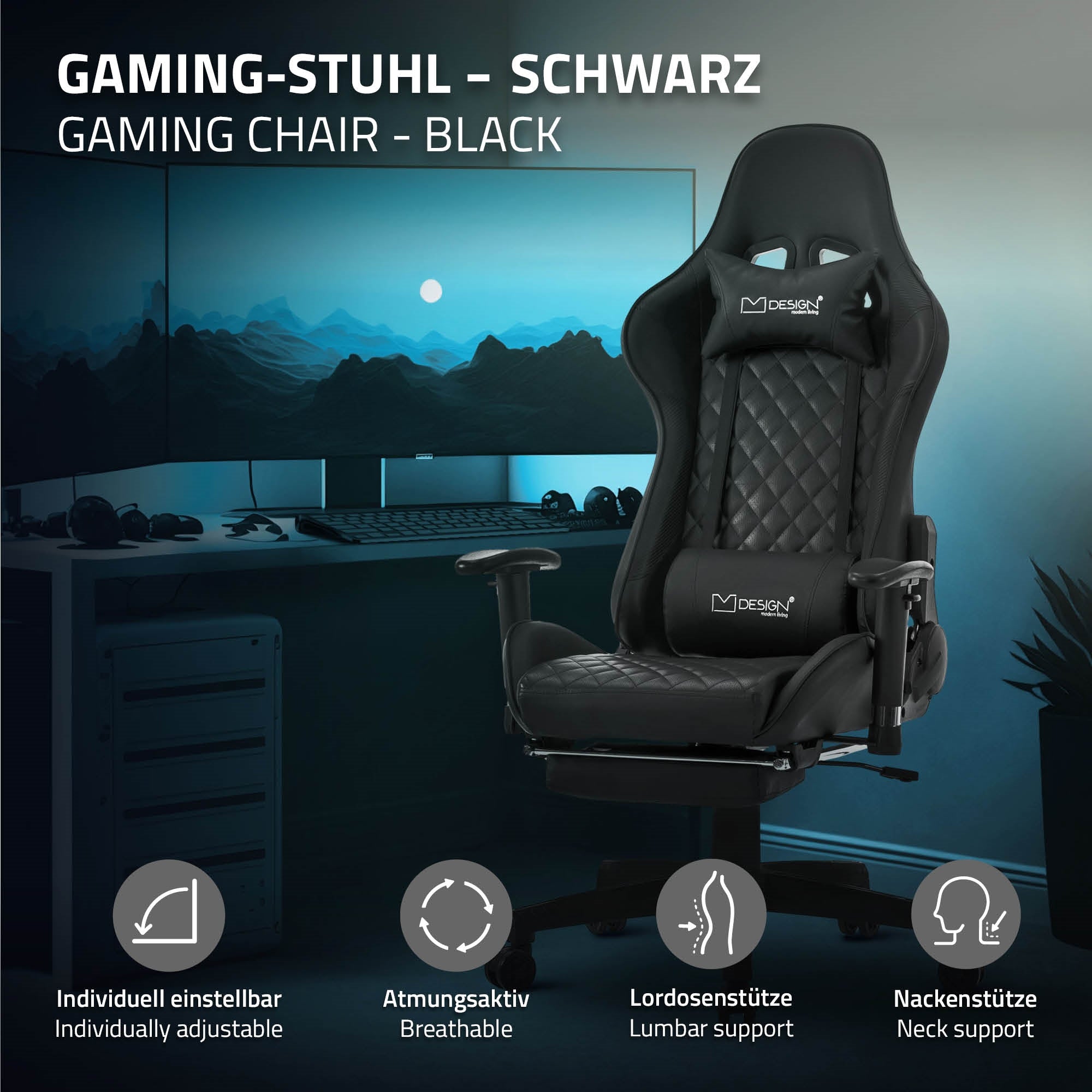 Grafiek van een zwarte gamingstoel met gelabelde functies en een computerscherm.