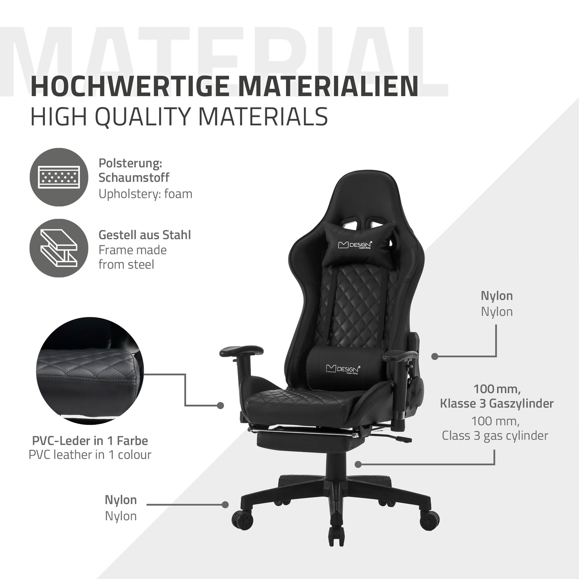 Detailní pohled na herní židli s kvalitními materiály a specifikacemi.