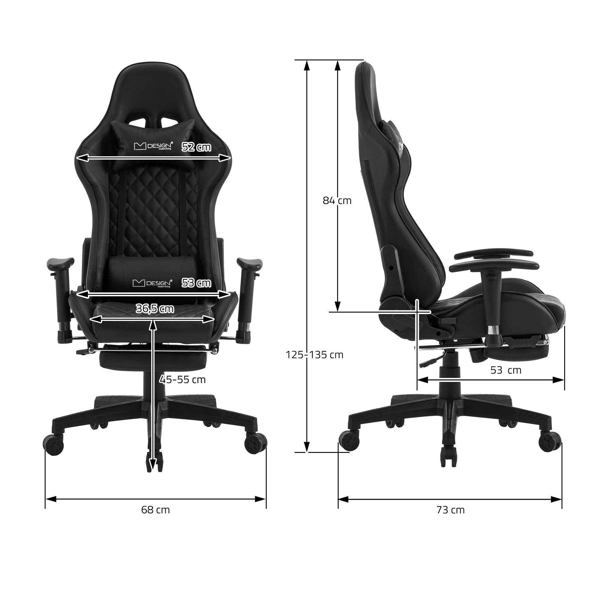 Maatschets van een gamingstoel met afmetingen in cm.