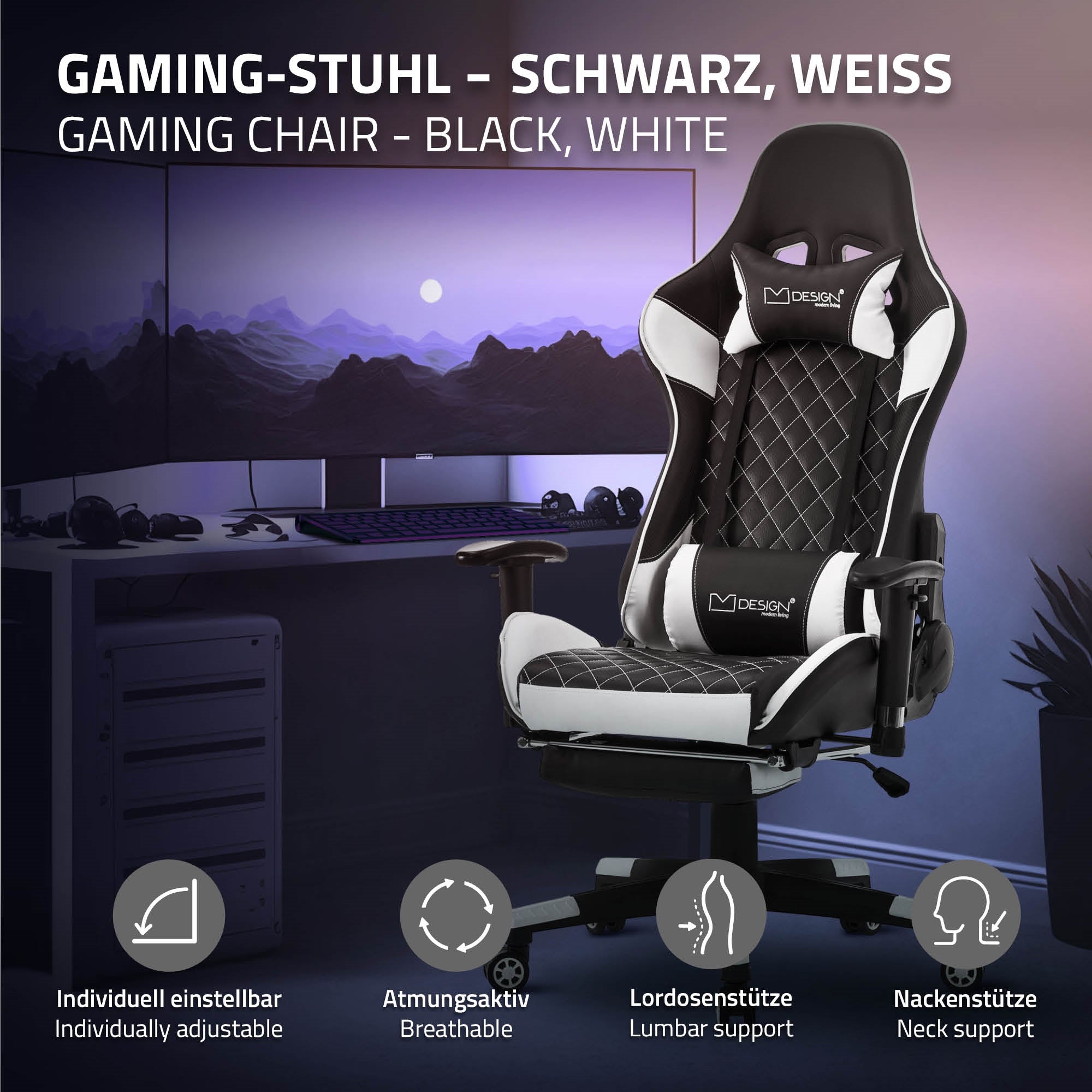 Schwarzer und weißer Gaming-Stuhl mit verstellbaren Armlehnen und Nackenstütze.
