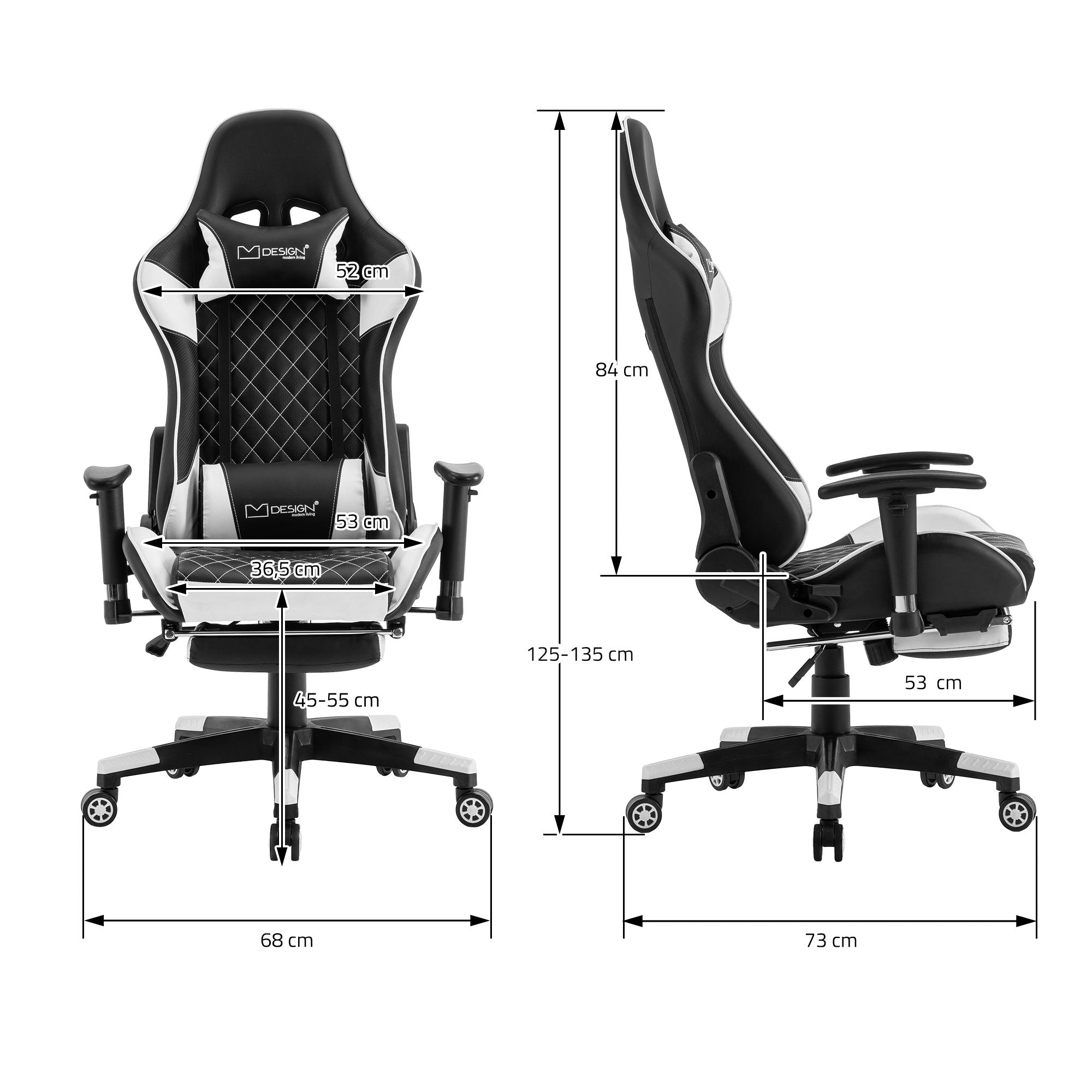 Maßzeichnung eines Gaming-Stuhls mit Höhen- und Breitenangaben.