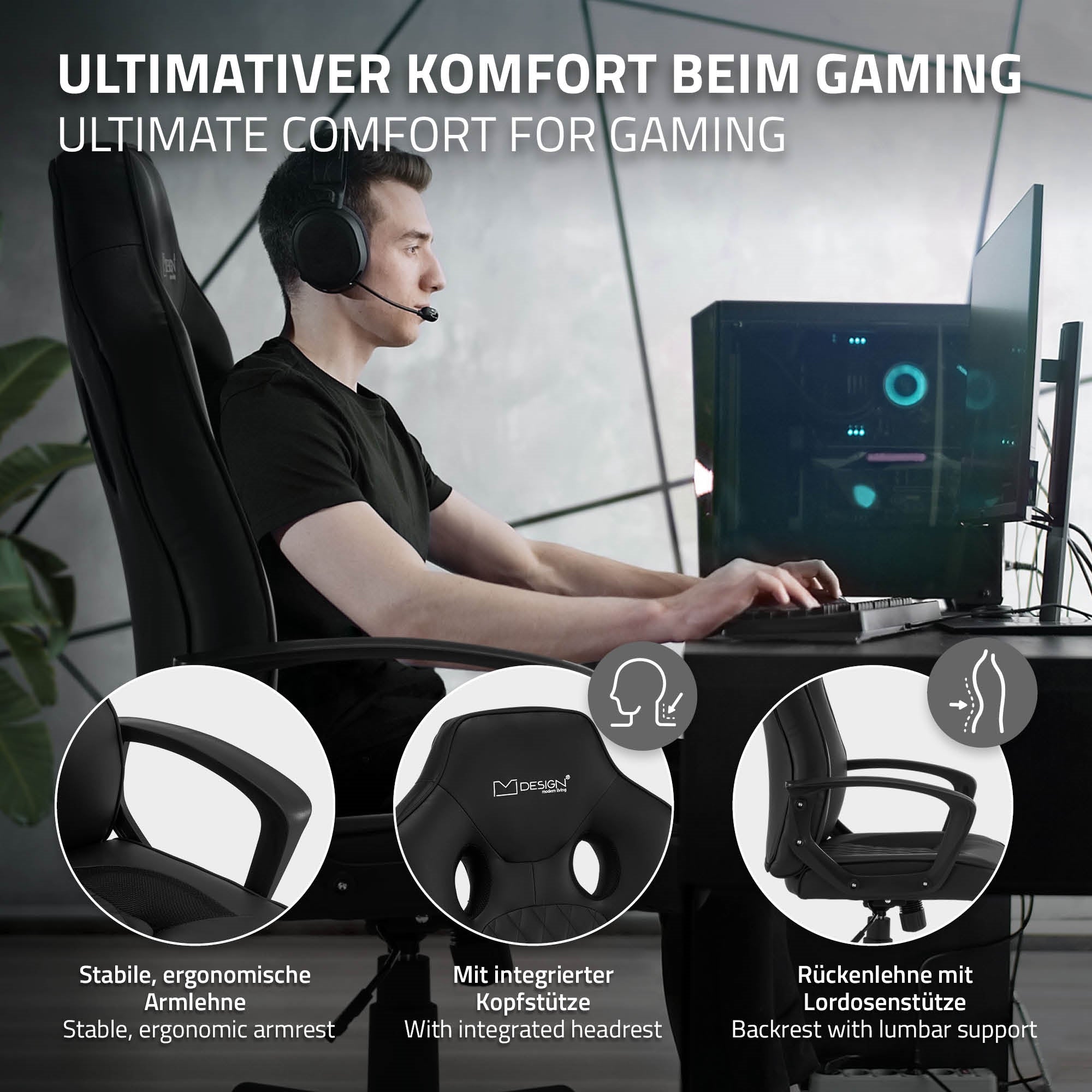 Mann mit Headset sitzt an einem Schreibtisch vor einem Computer und nutzt einen Gaming-Stuhl.