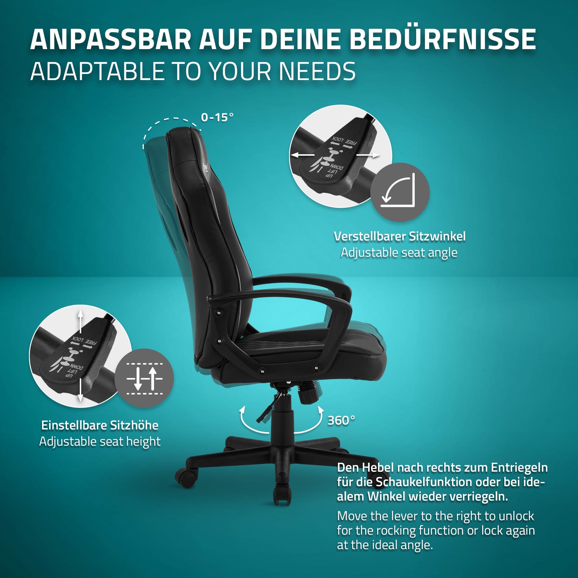 Grafik mit einem verstellbaren Bürostuhl und seinen Funktionen.