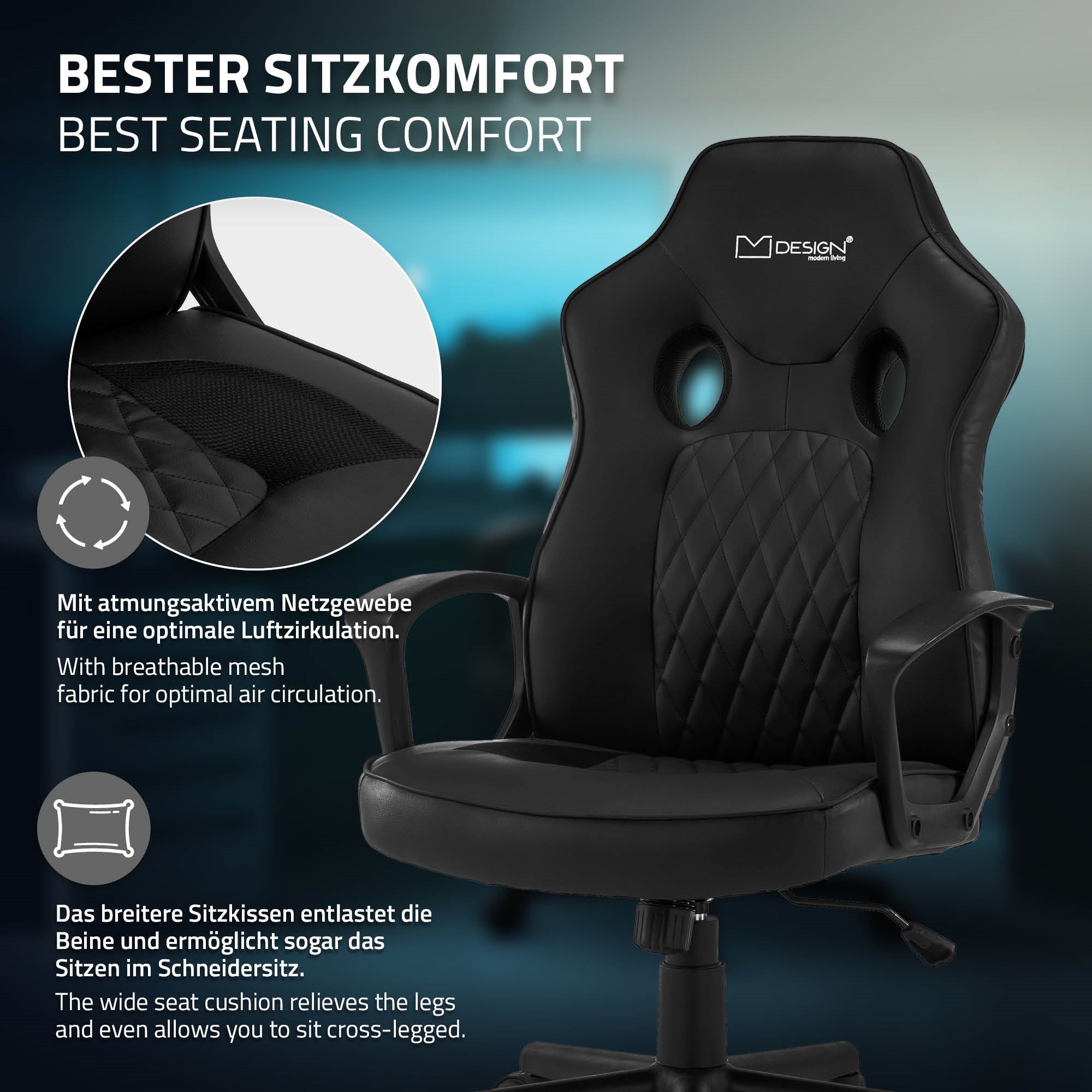 Gaming-Stuhl mit atmungsaktivem Netzgewebe für Luftzirkulation.