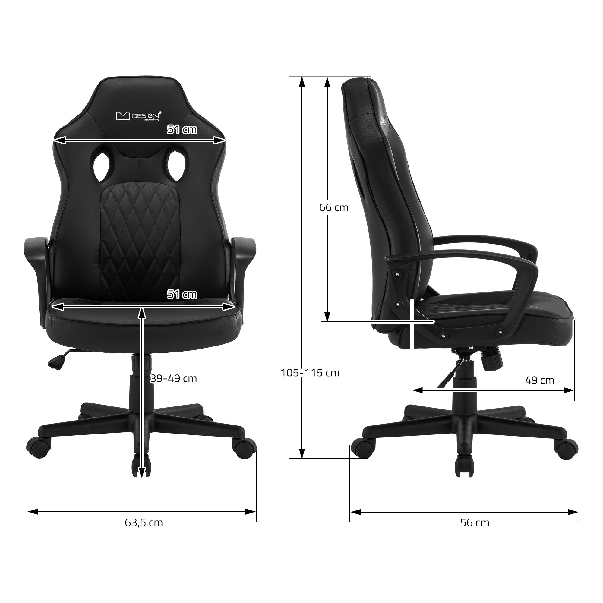Rozměrový nákres herní židle s různými rozměry.