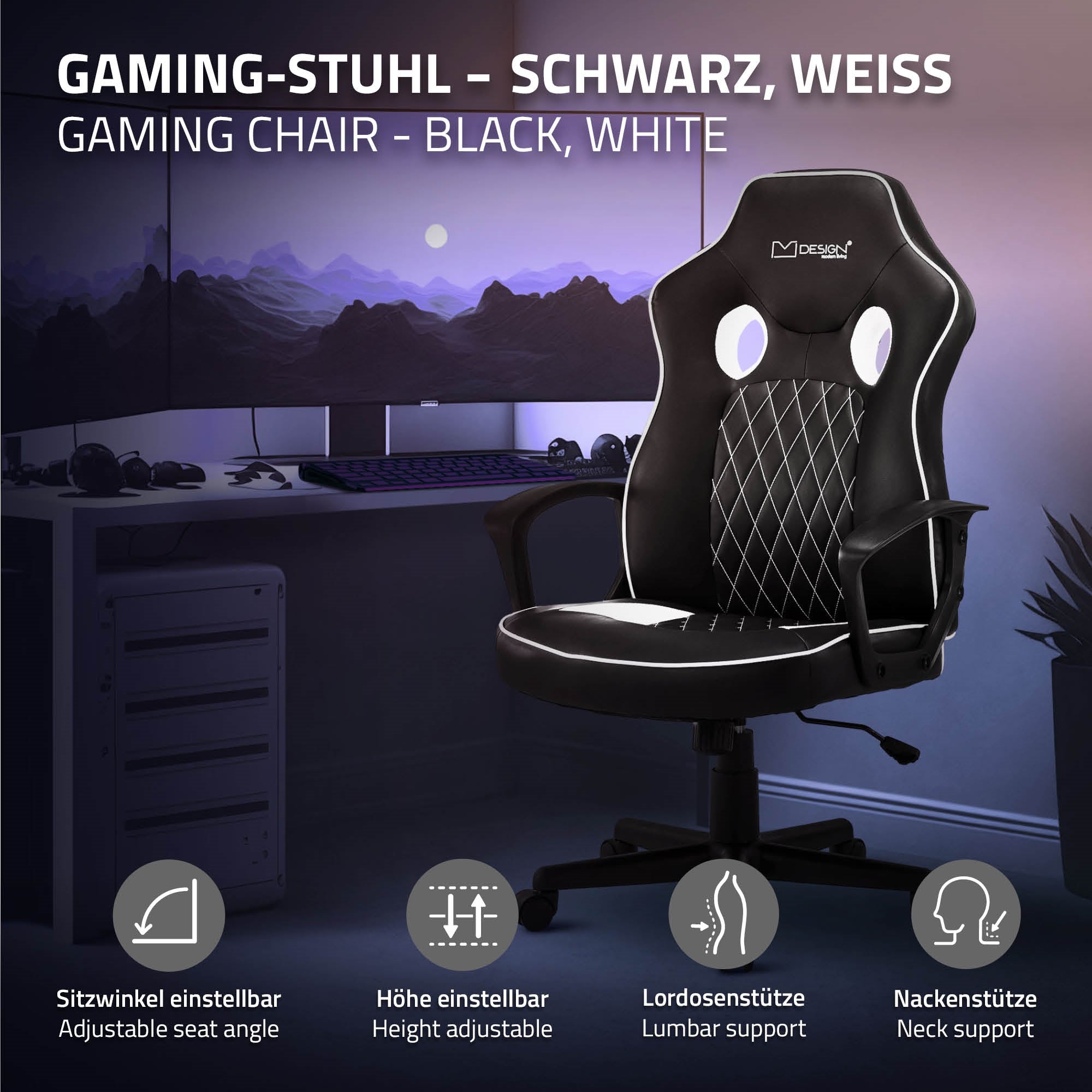 Chaise de gaming noire et blanche avec des fonctions réglables.