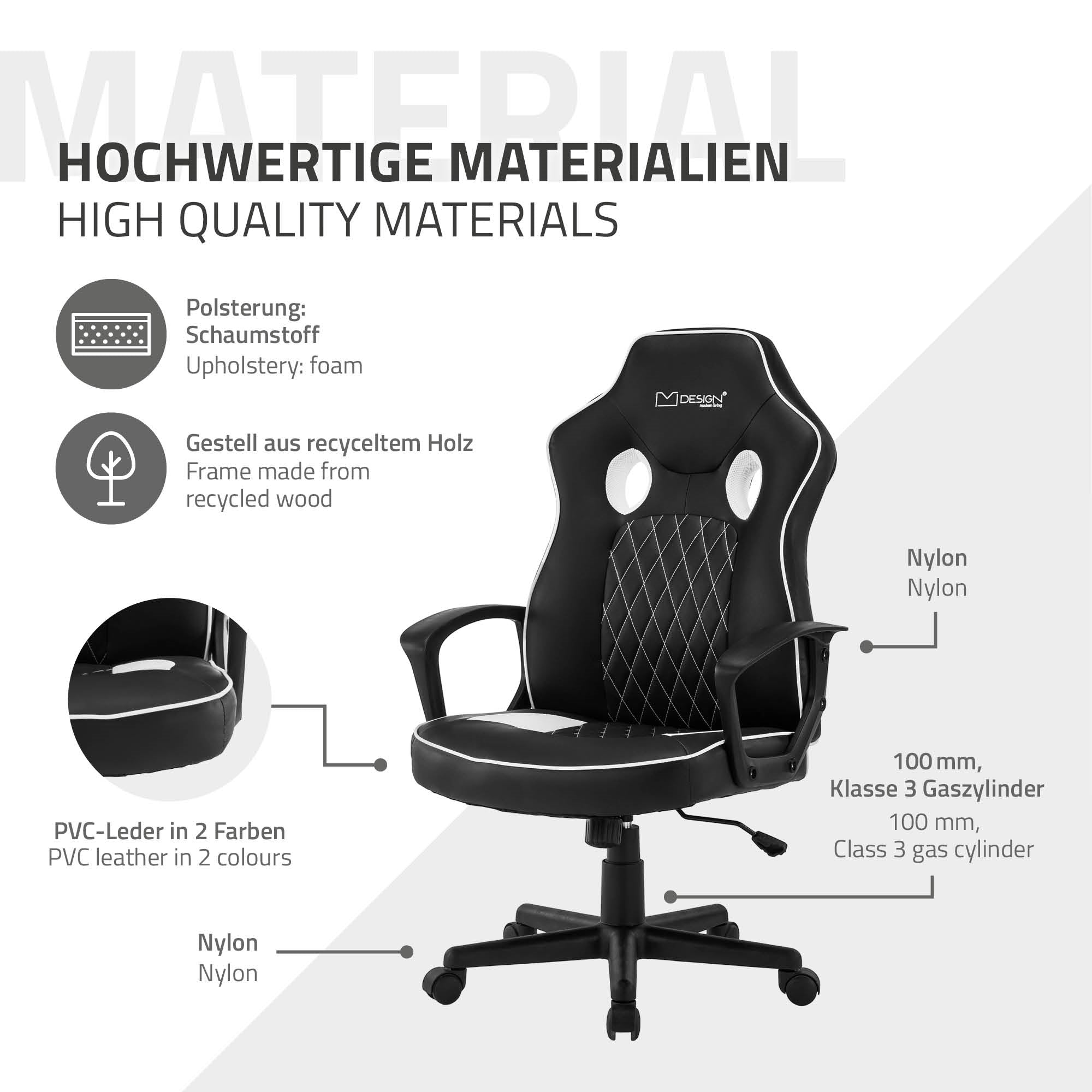 Chaise de bureau en matériaux de haute qualité, noir et blanc, avec des détails.