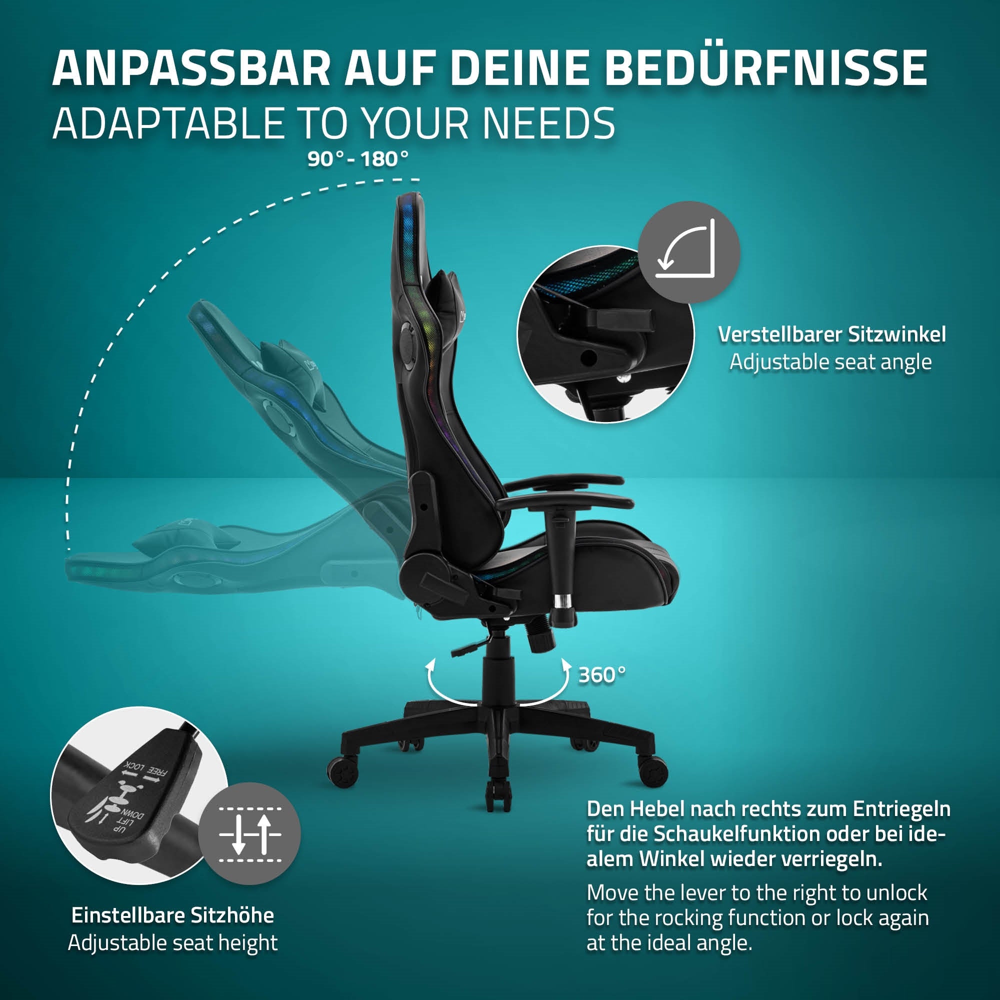 Graphique avec une chaise de bureau réglable et description des fonctionnalités.