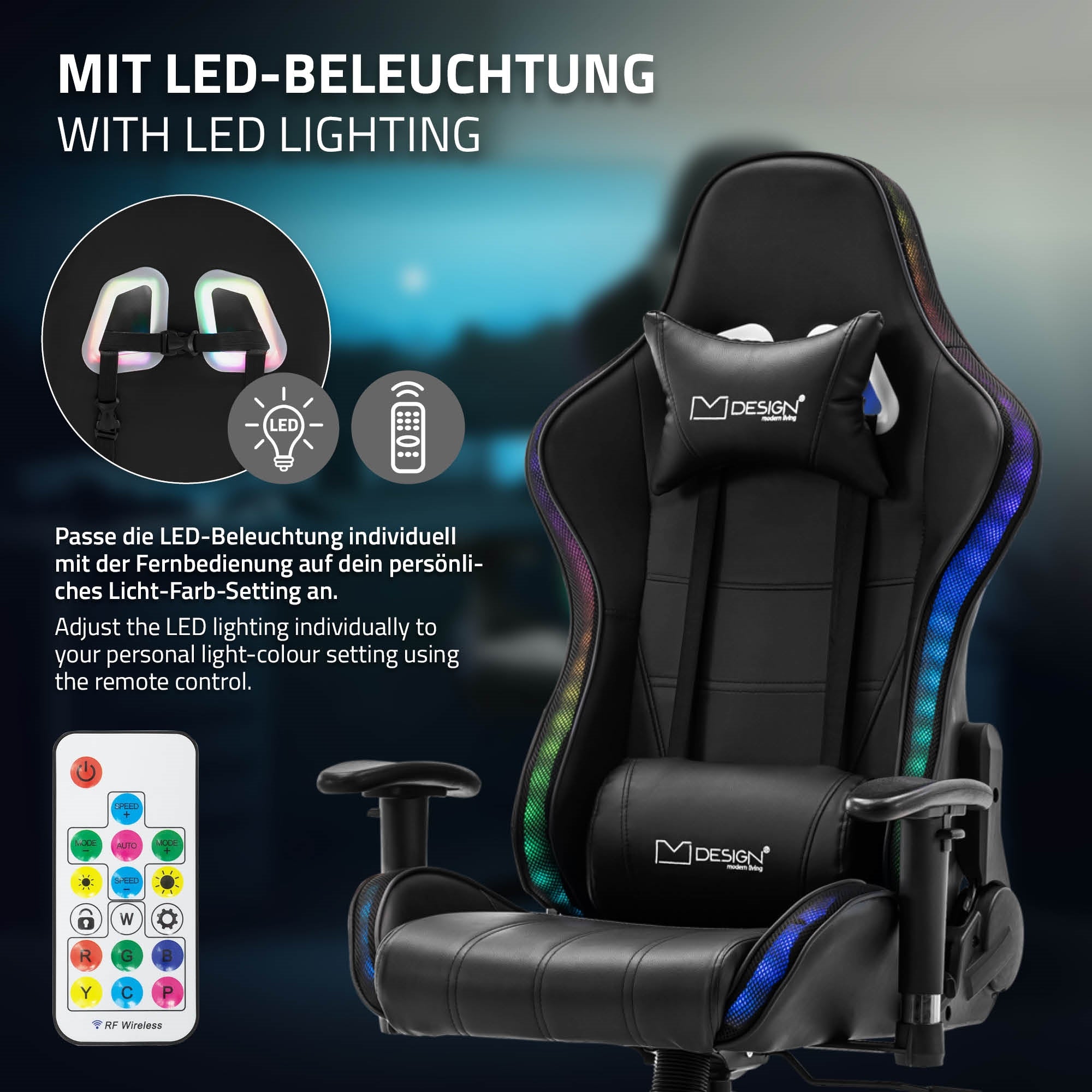 Graphique montrant l'ajustement de l'éclairage LED de la chaise de gaming.