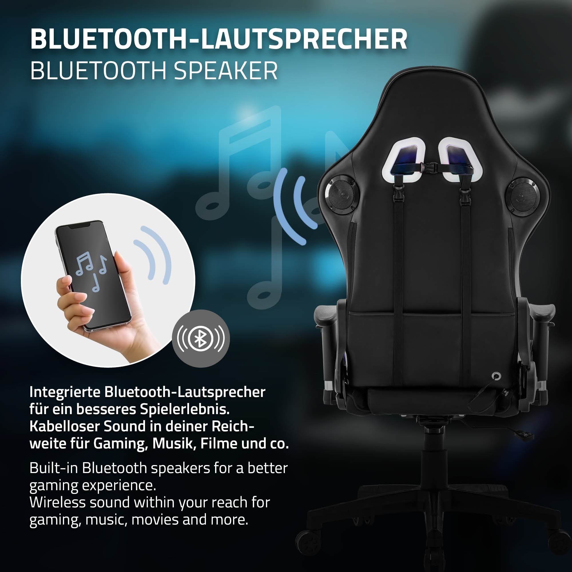 Vue arrière d'une chaise de gaming avec haut-parleur Bluetooth intégré.