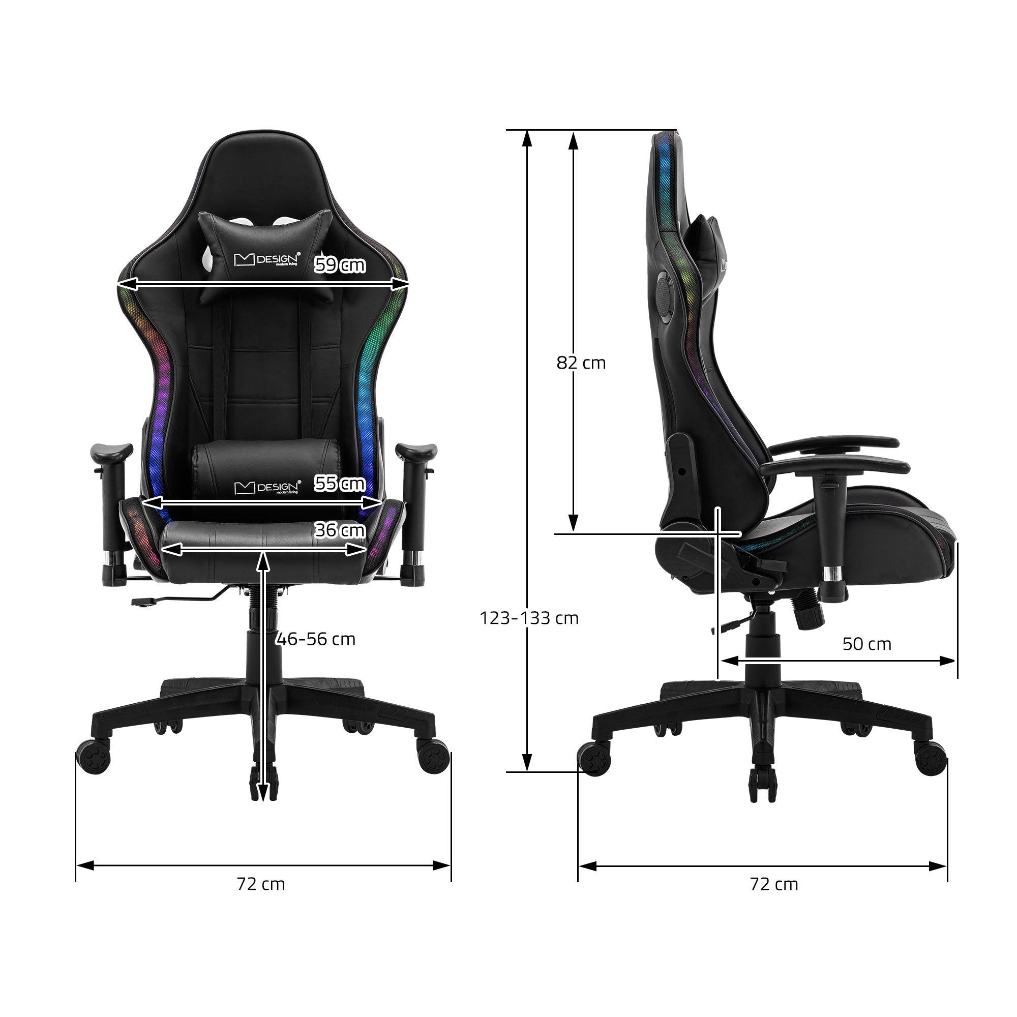 Dessin technique d'une chaise de gaming avec différentes dimensions.