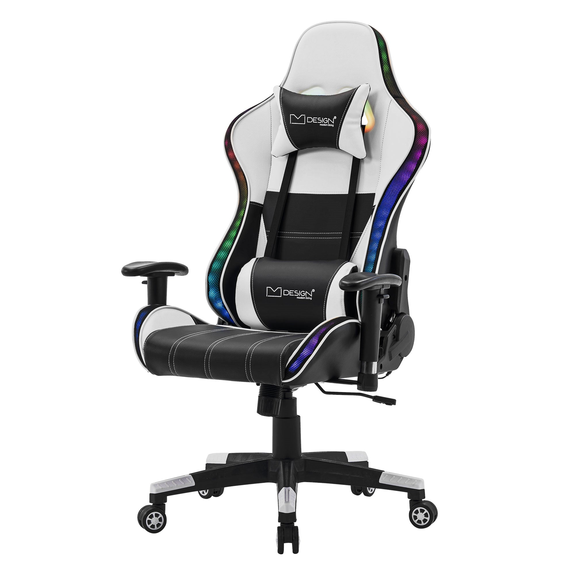 Chaise de gaming en blanc et noir avec lumières LED colorées.