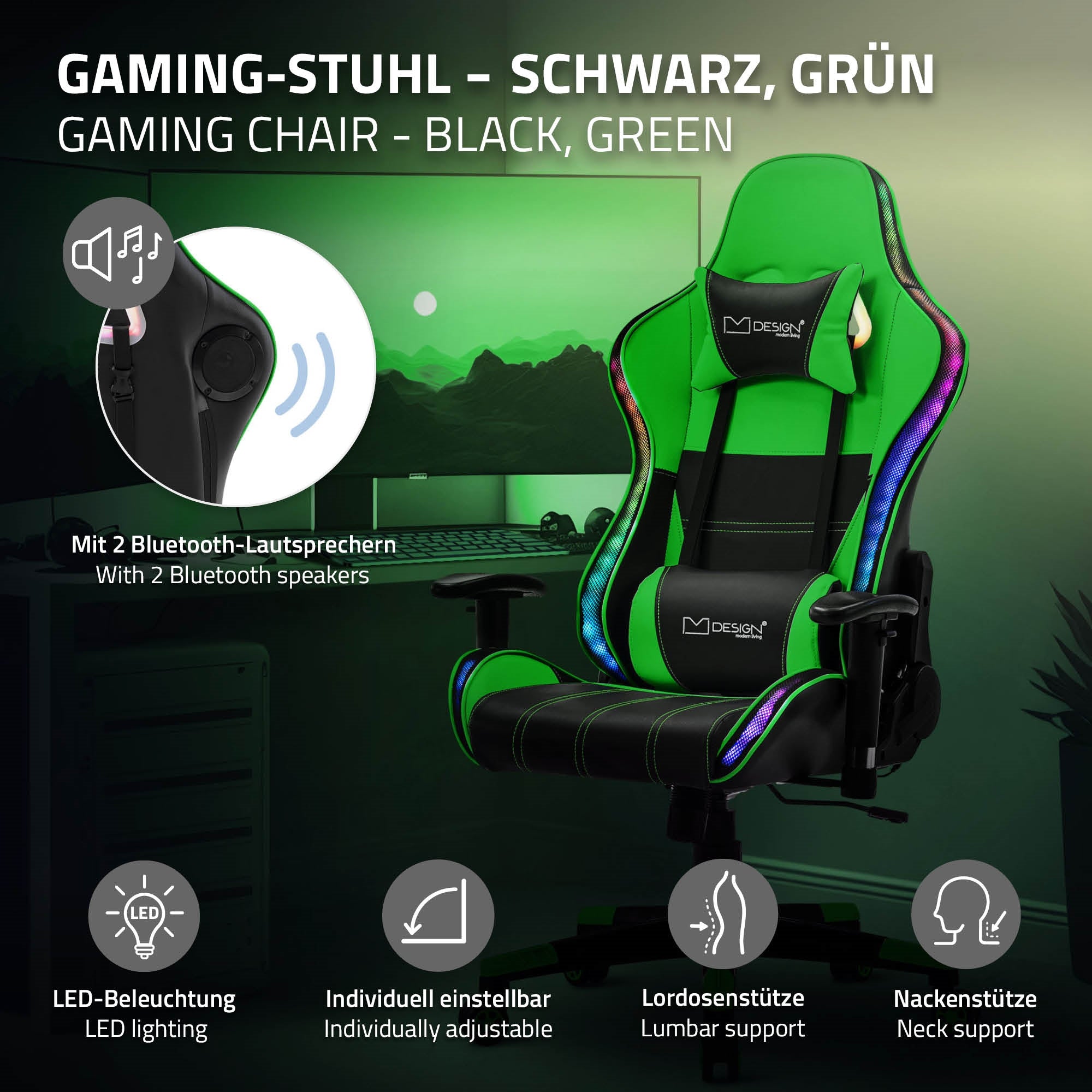 Schwarzer und grüner Gaming-Stuhl mit LED-Beleuchtung und Bluetooth-Lautsprechern.