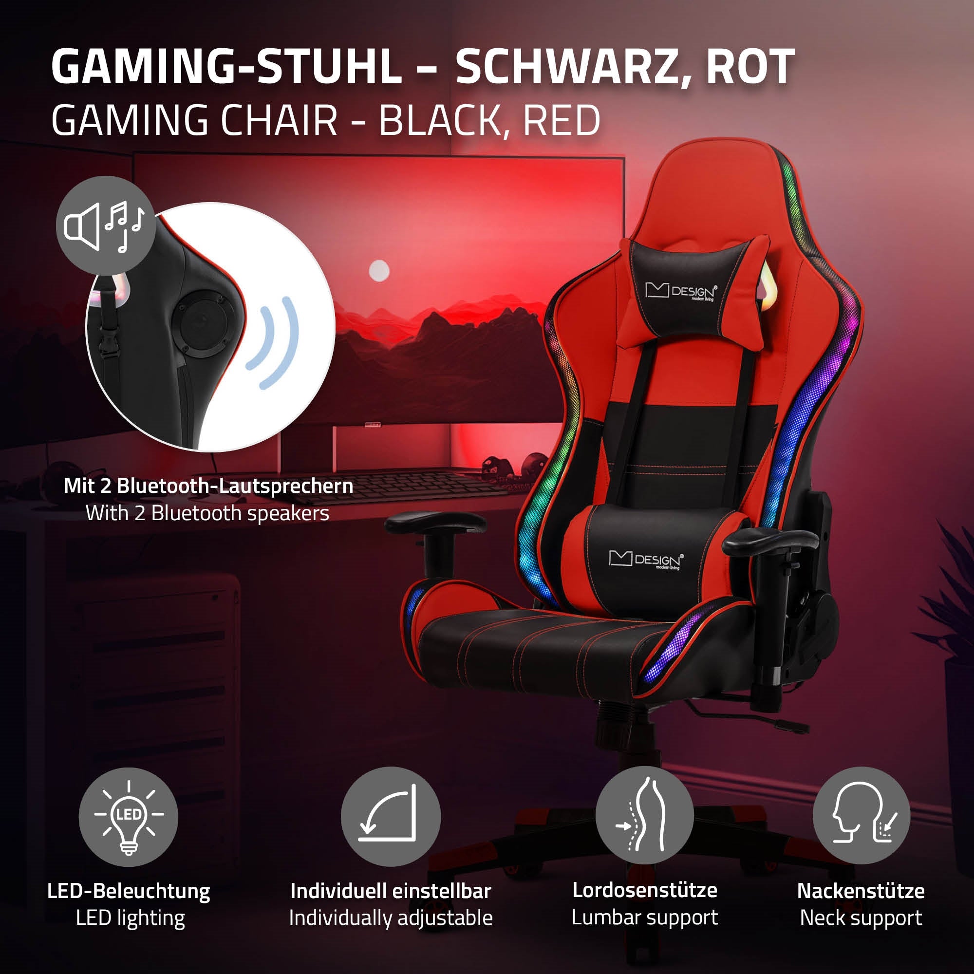 Gaming-Stuhl in Schwarz und Rot mit Bluetooth-Lautsprechern.