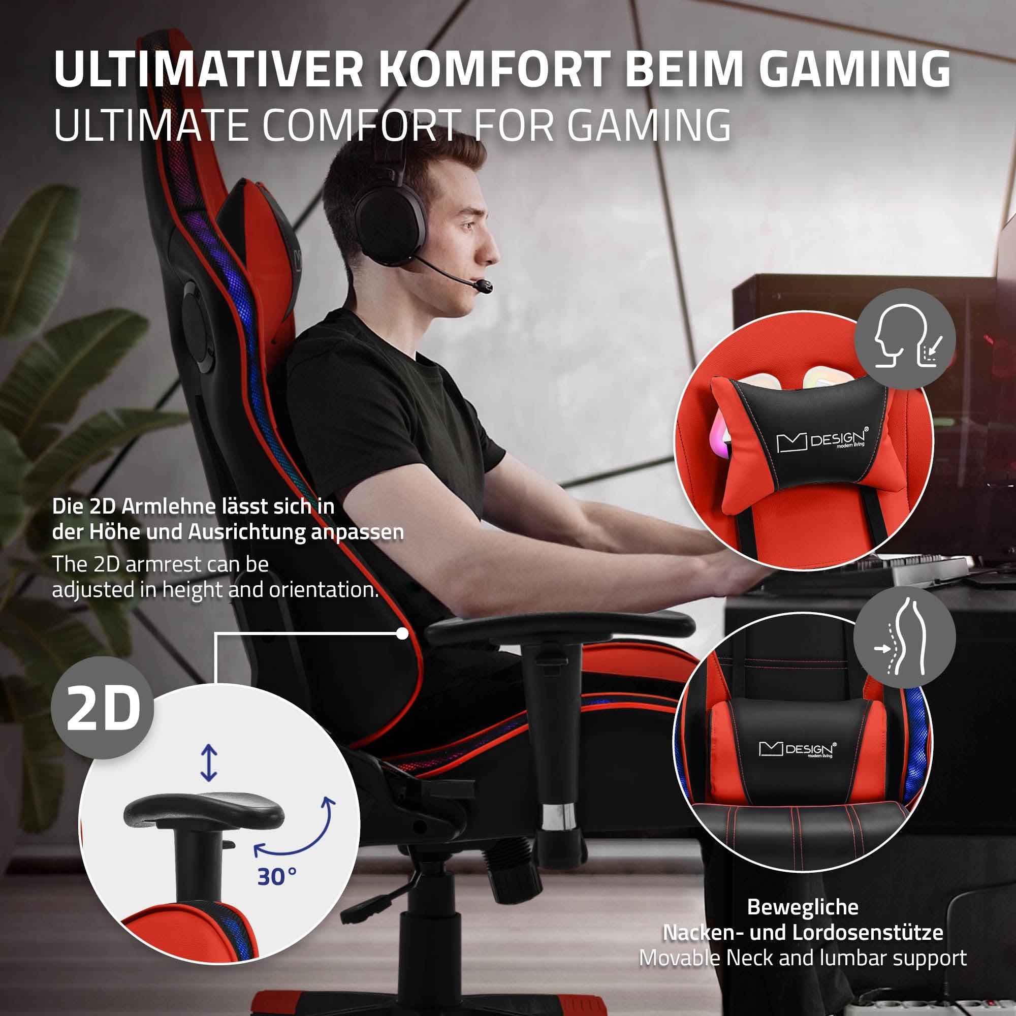 Sedia da gaming con braccioli regolabili e supporto ergonomico.