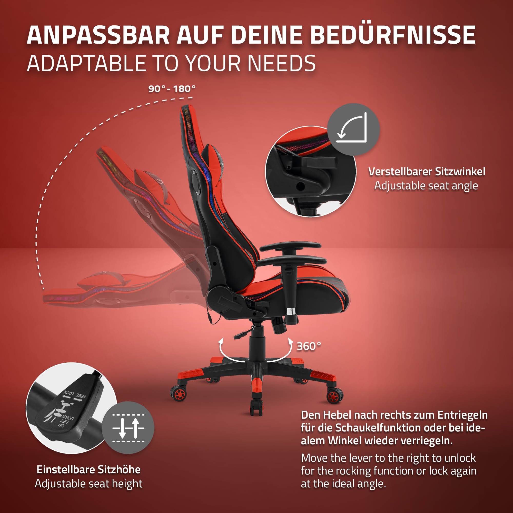 Grafik mit einem verstellbaren Gaming-Stuhl und Beschreibungen der Funktionen.