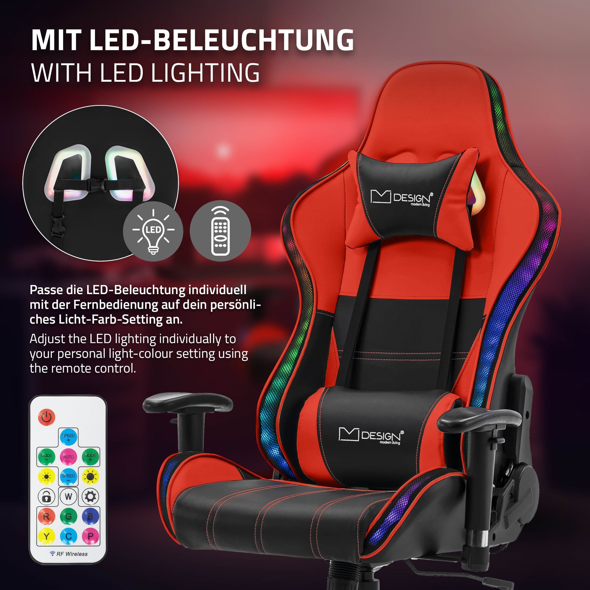 Sedia da gaming rossa con illuminazione LED e telecomando.