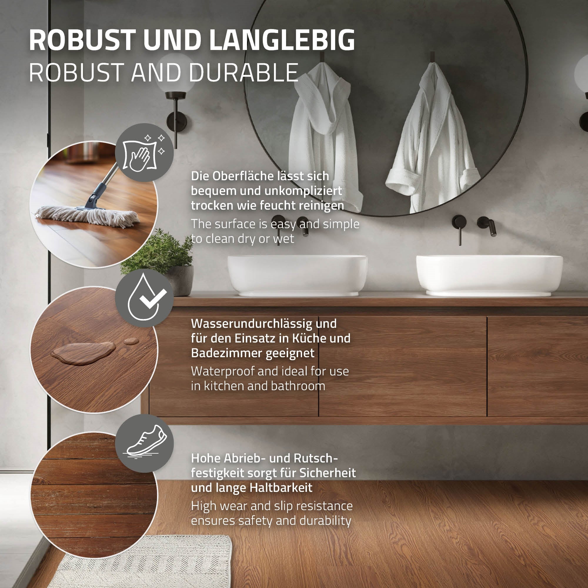 Holzoberfläche mit zwei Waschbecken und Spiegel im Badezimmer.