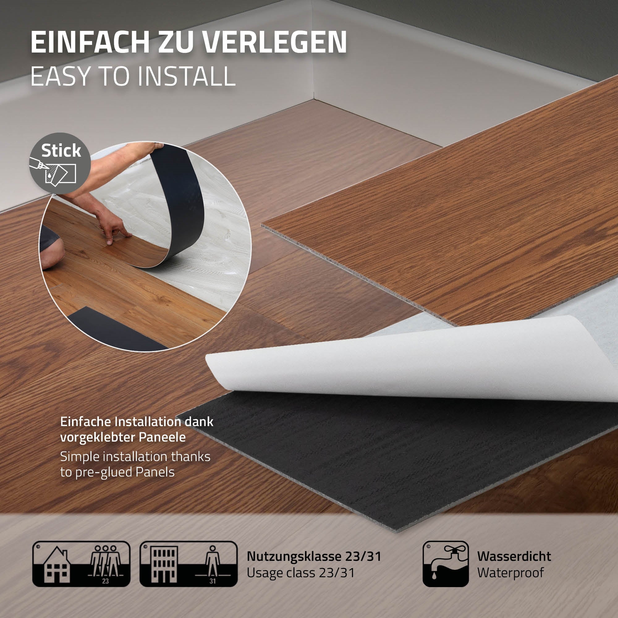 Ein Bild zeigt die Installation von vorgeklebt Paneelen auf einem Boden.