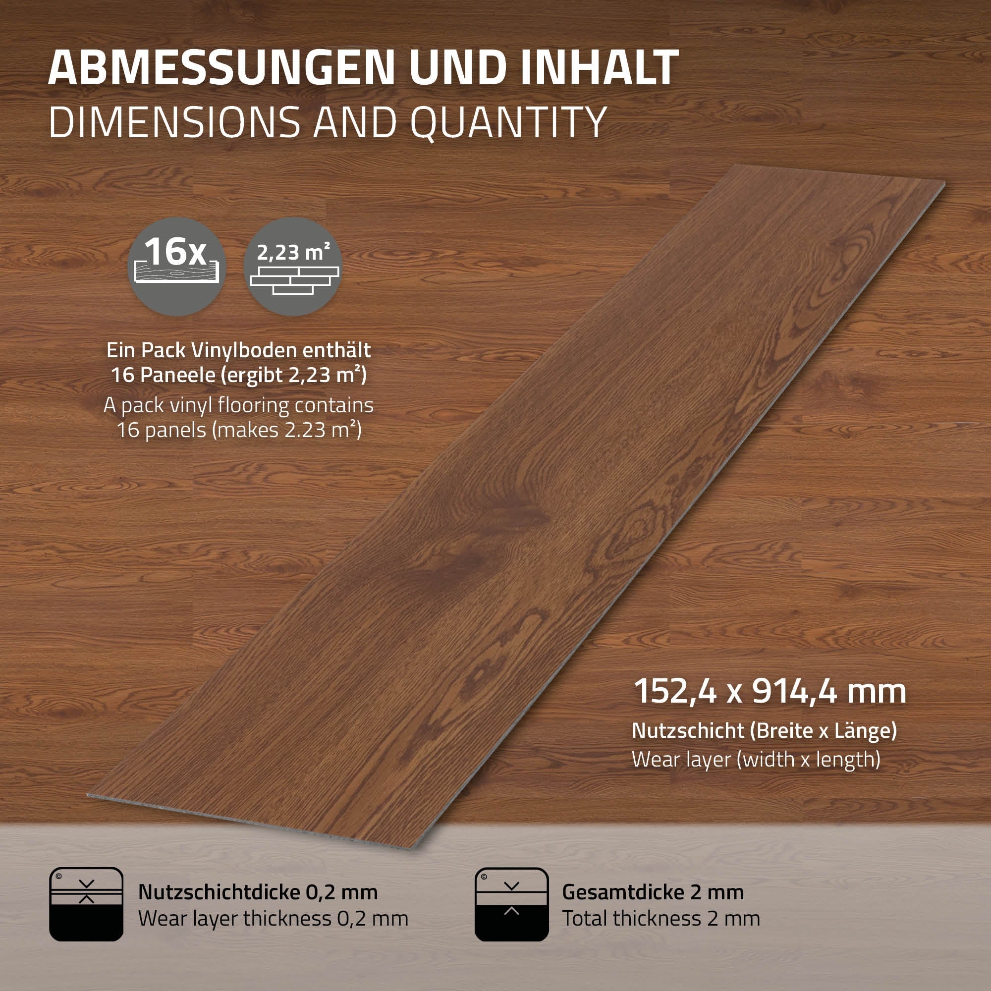 Pavimento in vinile con 16 pannelli, dimensioni 152,4 x 914,4 mm.