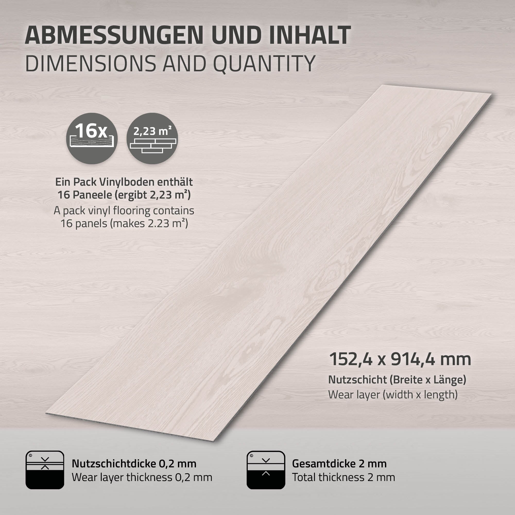 Un pacchetto di pavimento in vinile con 16 pannelli, dimensioni e contenuto sono indicati.