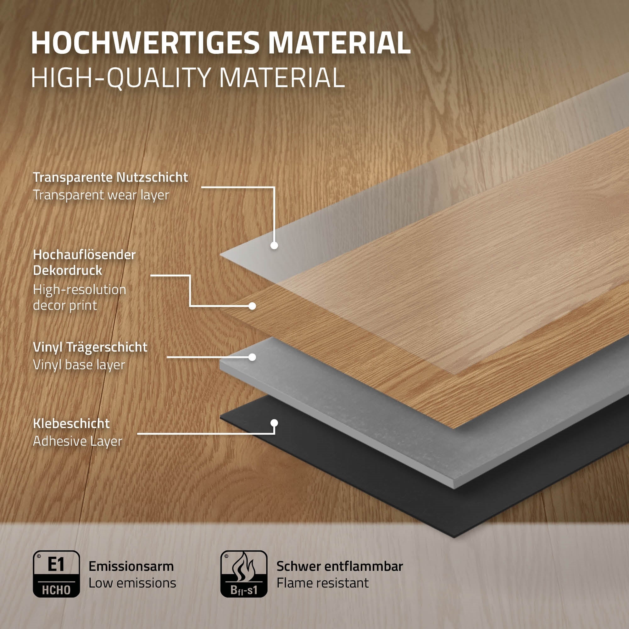 Složení kvalitní vinylové podlahy s různými materiály.
