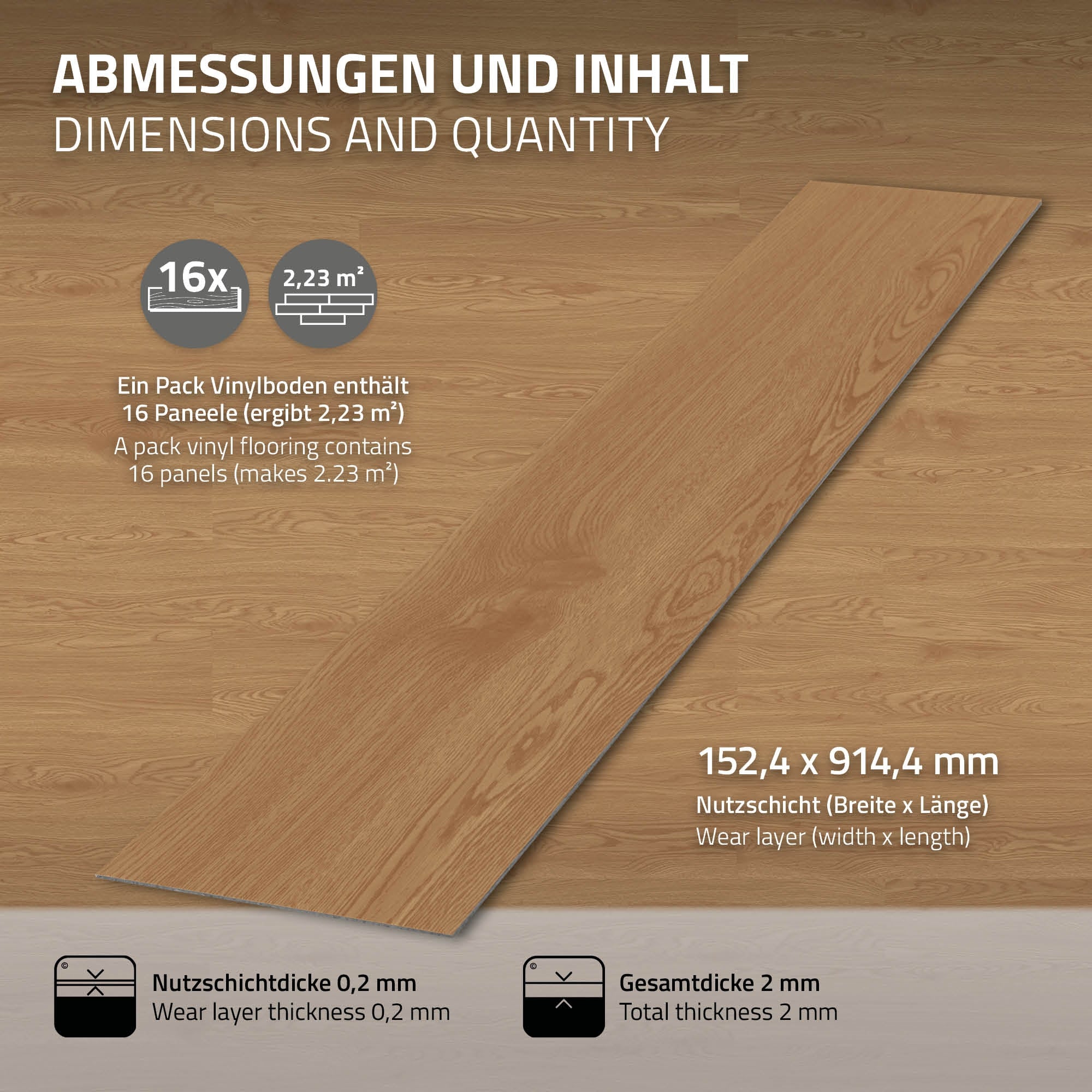 Graphique avec les dimensions et le contenu d'un paquet de sol en vinyle avec 16 panneaux.