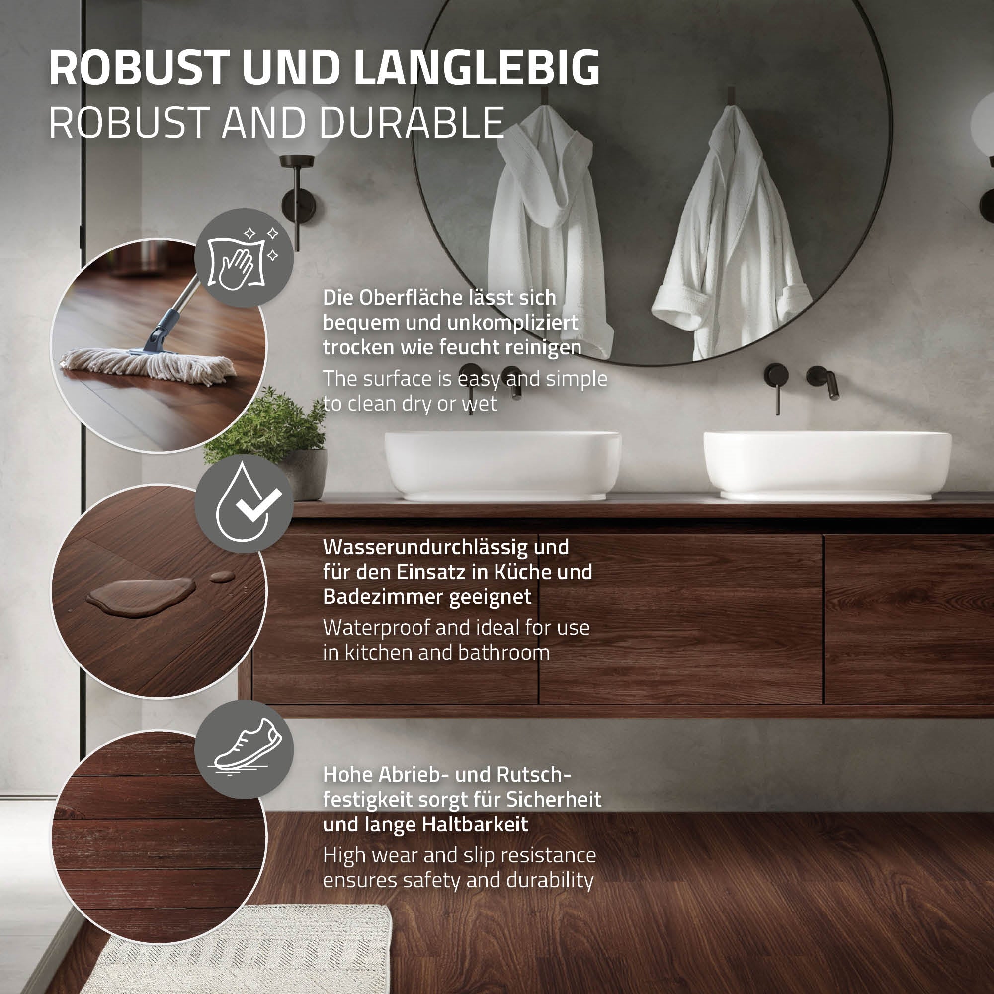 Mobili da bagno con due lavandini e specchio, superficie in legno.