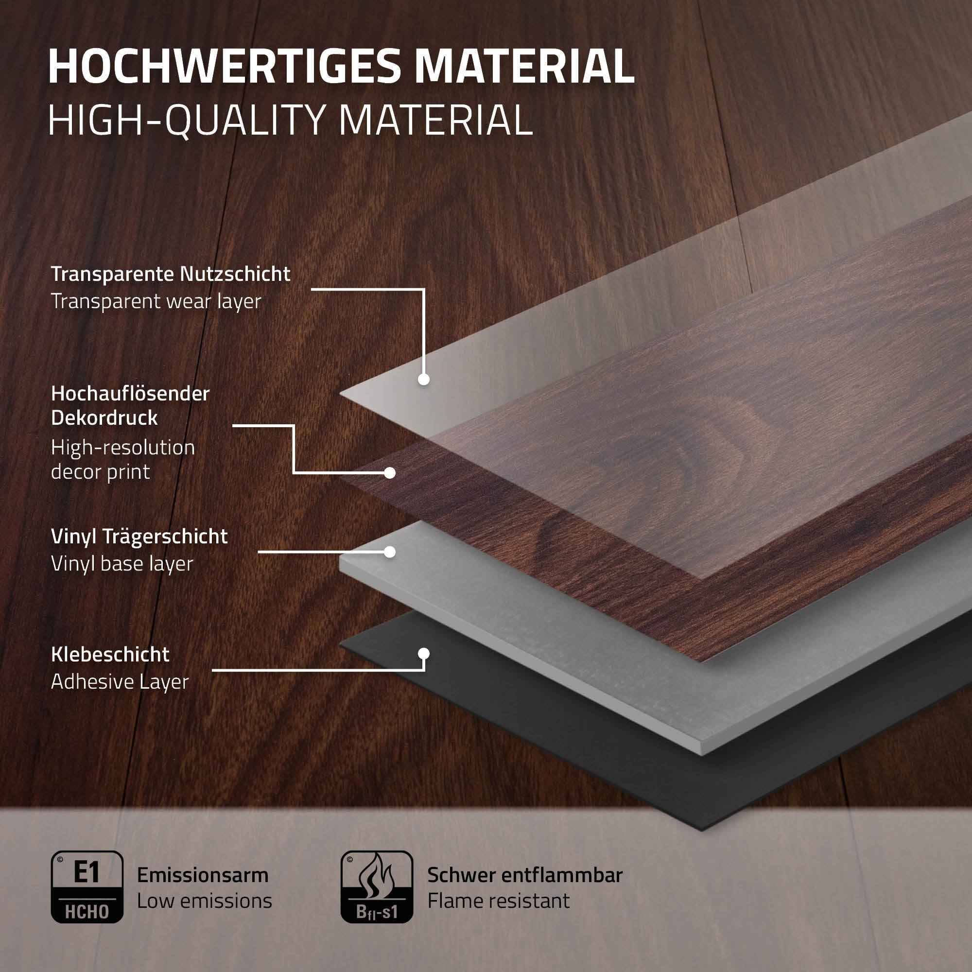 Strati di materiale di alta qualità per pavimenti in vinile, con etichette.
