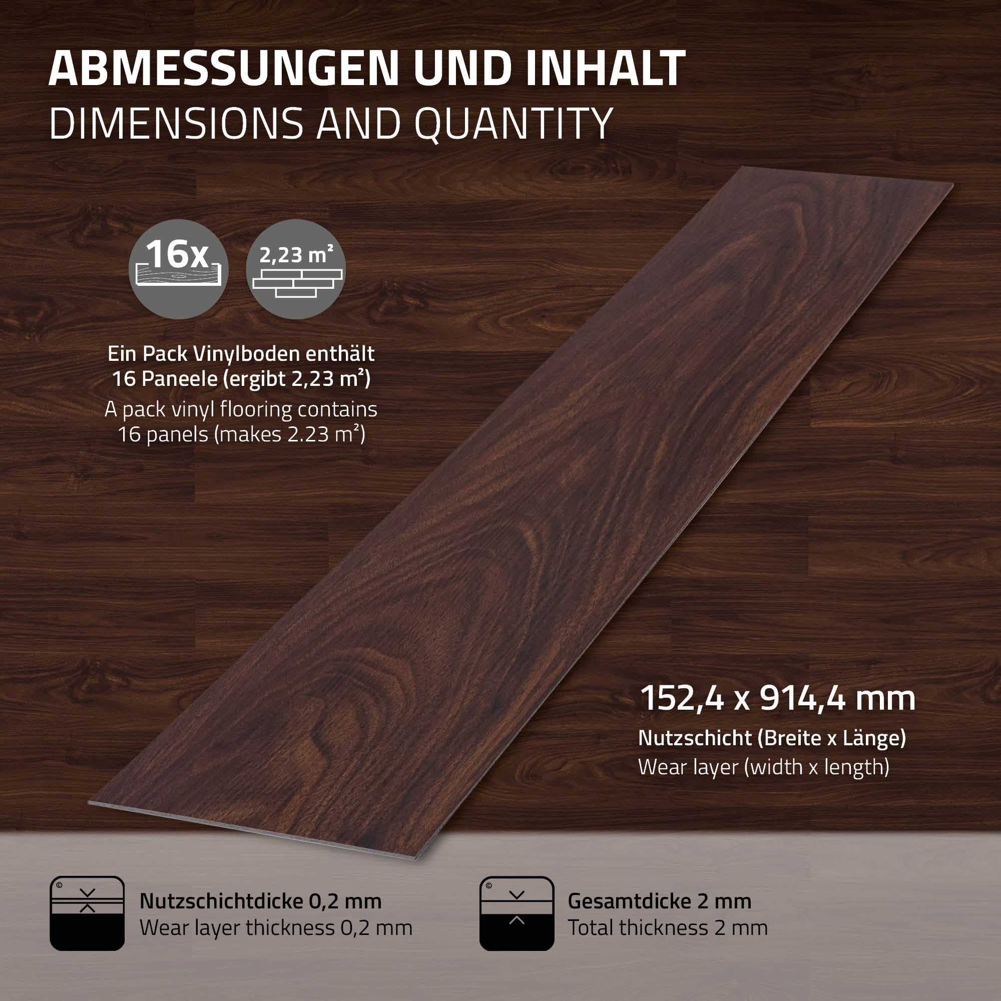 Contenuto della confezione e misure del pavimento in vinile, 16 pannelli, 152,4 x 914,4 mm.