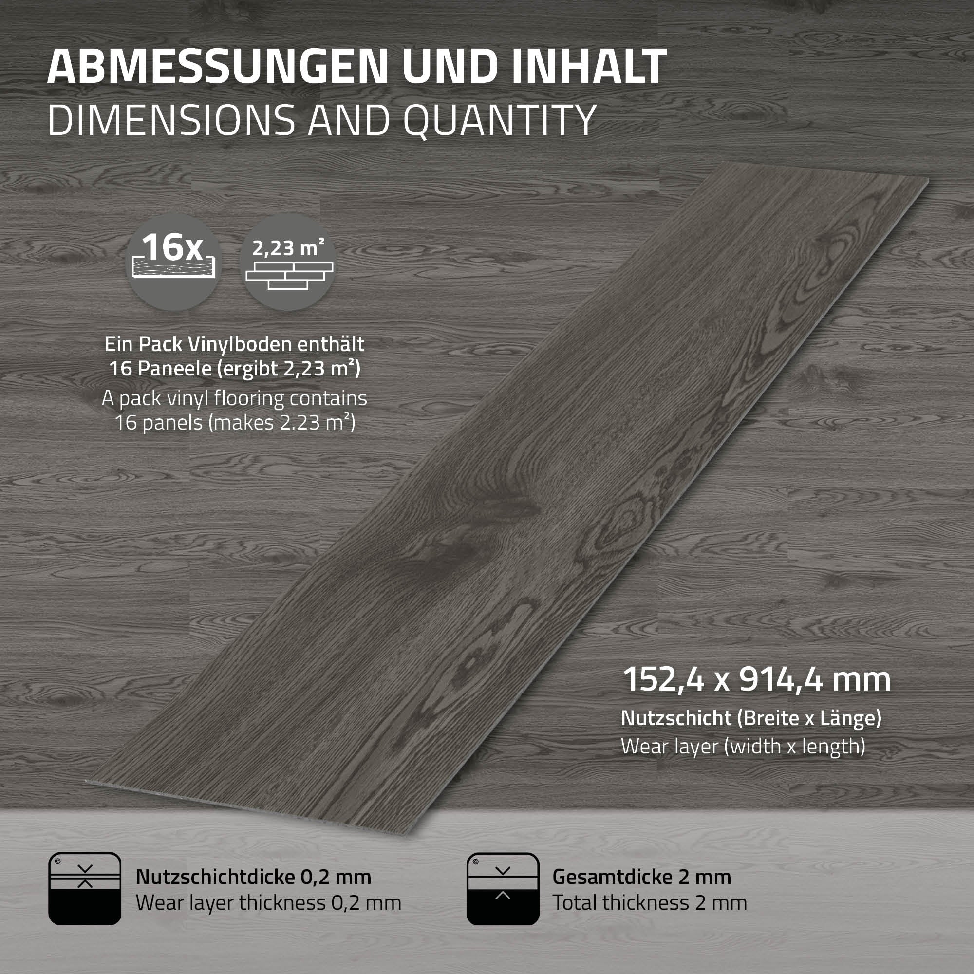 Pavimento in vinile con 16 pannelli, dimensioni e contenuto, in aspetto legno.