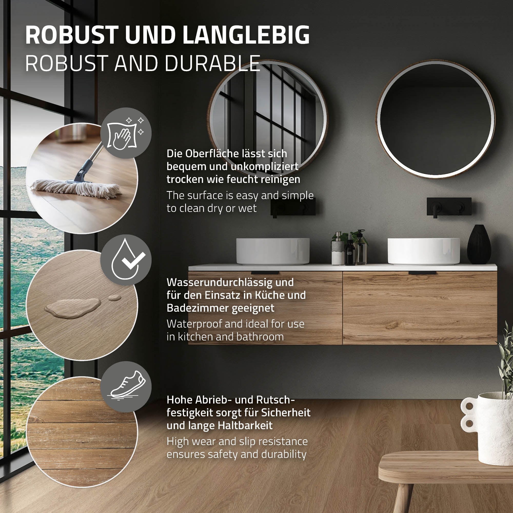 Grafiek met informatie over robuuste en duurzame oppervlakken voor badkamers.