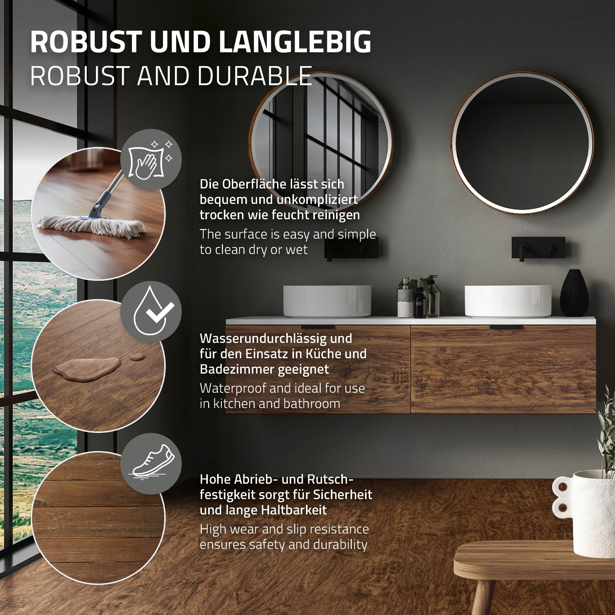 Moderne Badezimmeransicht mit zwei Waschbecken und runden Spiegeln.