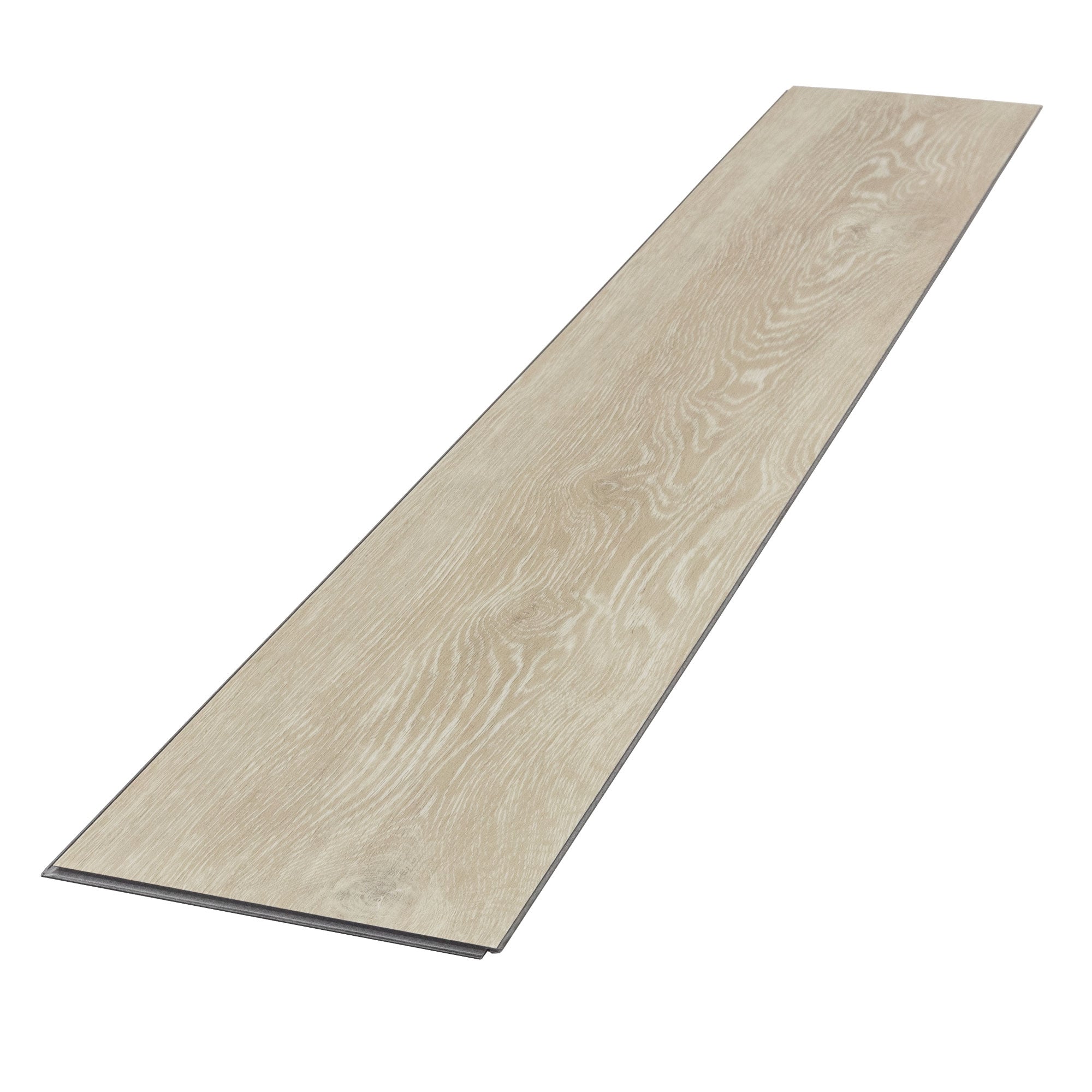 Lange, helle Bodenplatte aus Holz, auf einem weißen Hintergrund.