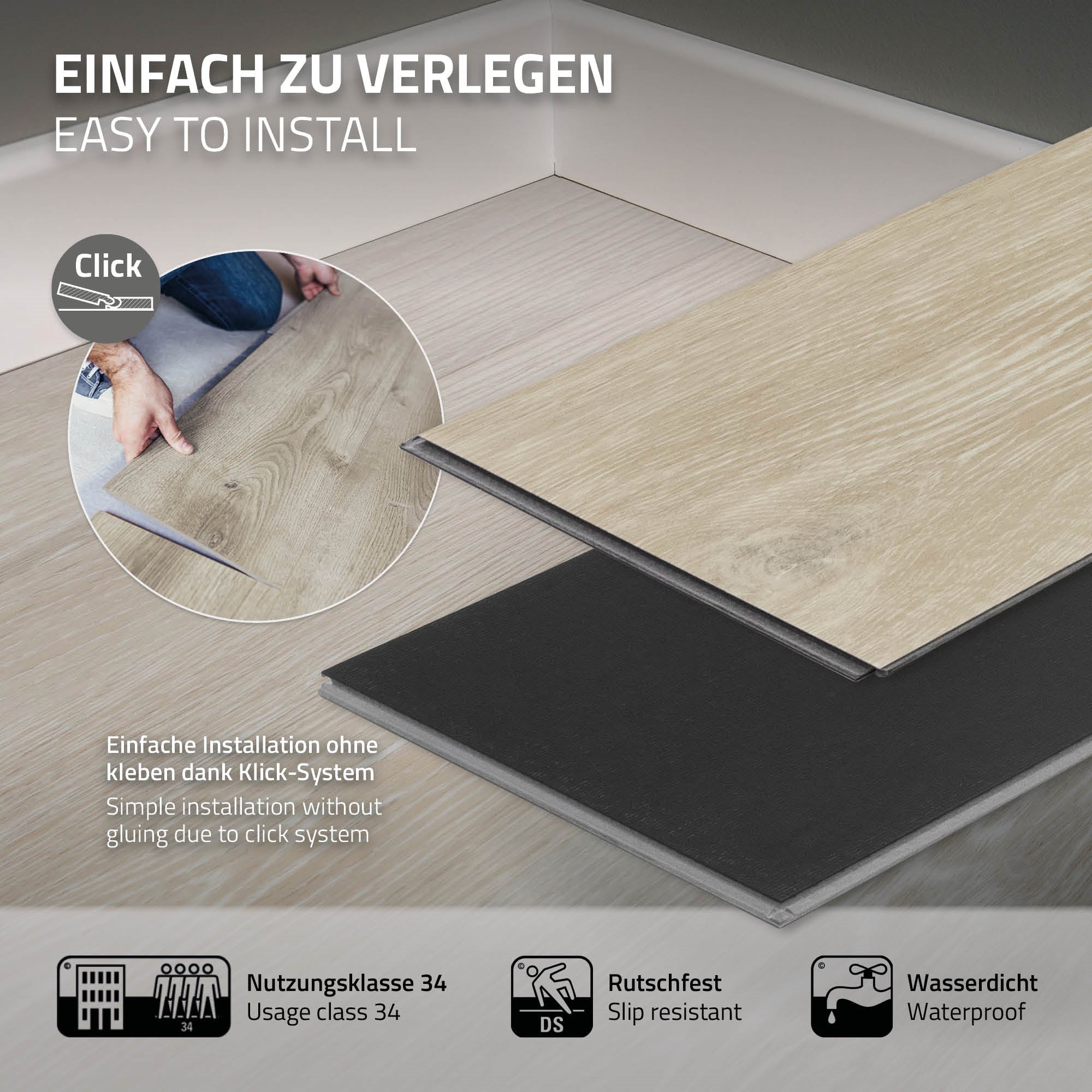 Vloerbedekking met kliksysteem, twee verschillende ontwerpen.