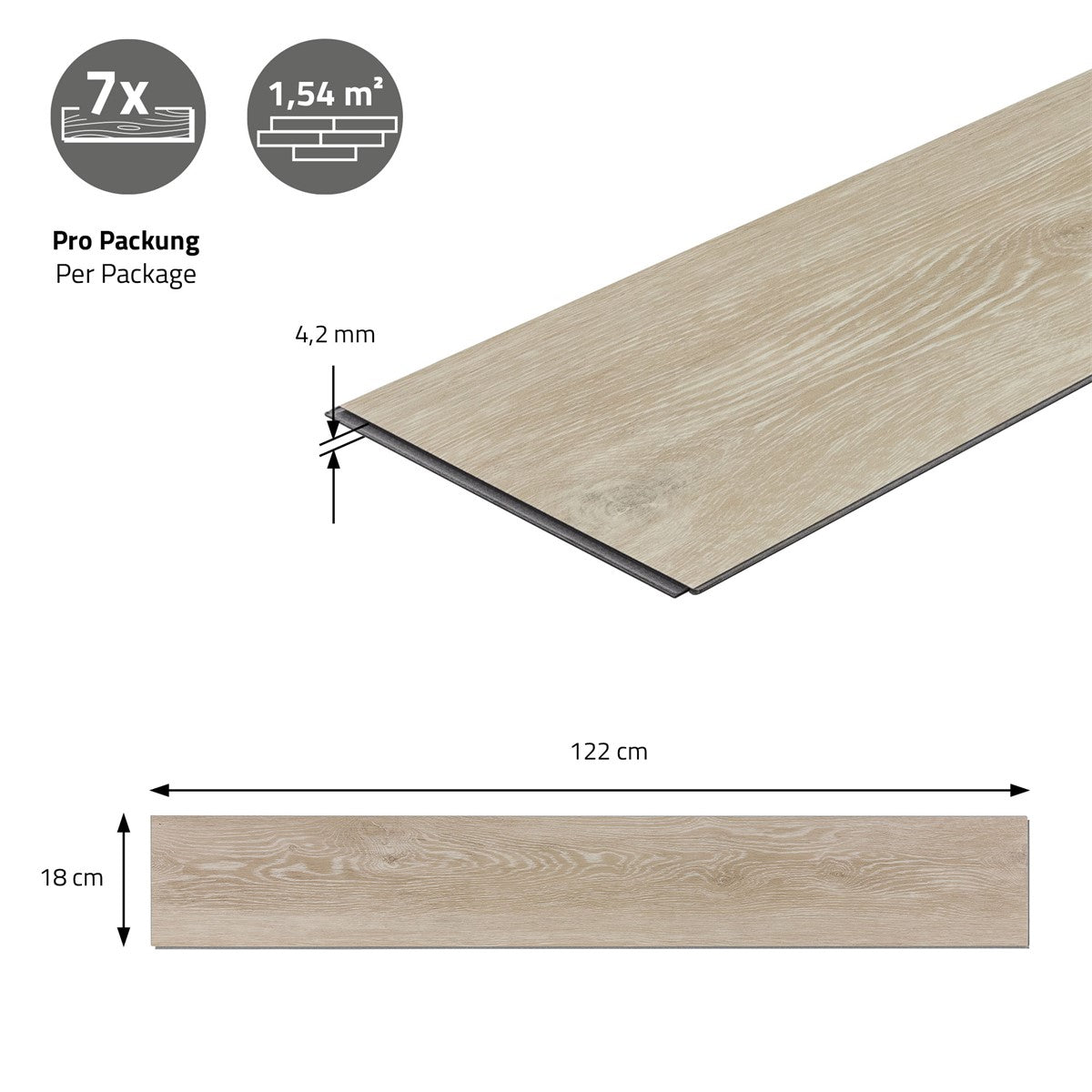 Holzpaneel mit Abmessungen, zeigt 7 Stück pro Verpackung und 1,54 m² Fläche.