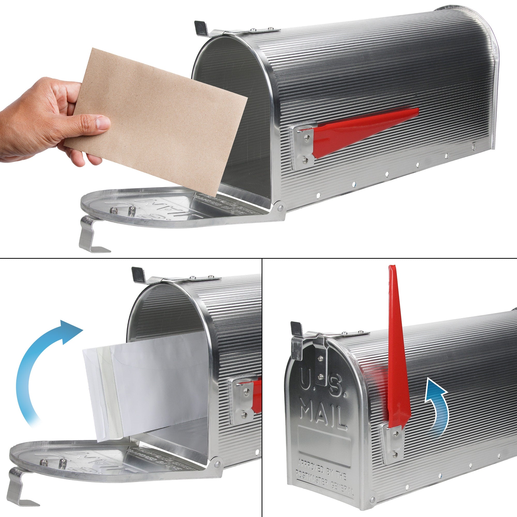 Une boîte aux lettres argentée avec une main mettant une lettre à l'intérieur.