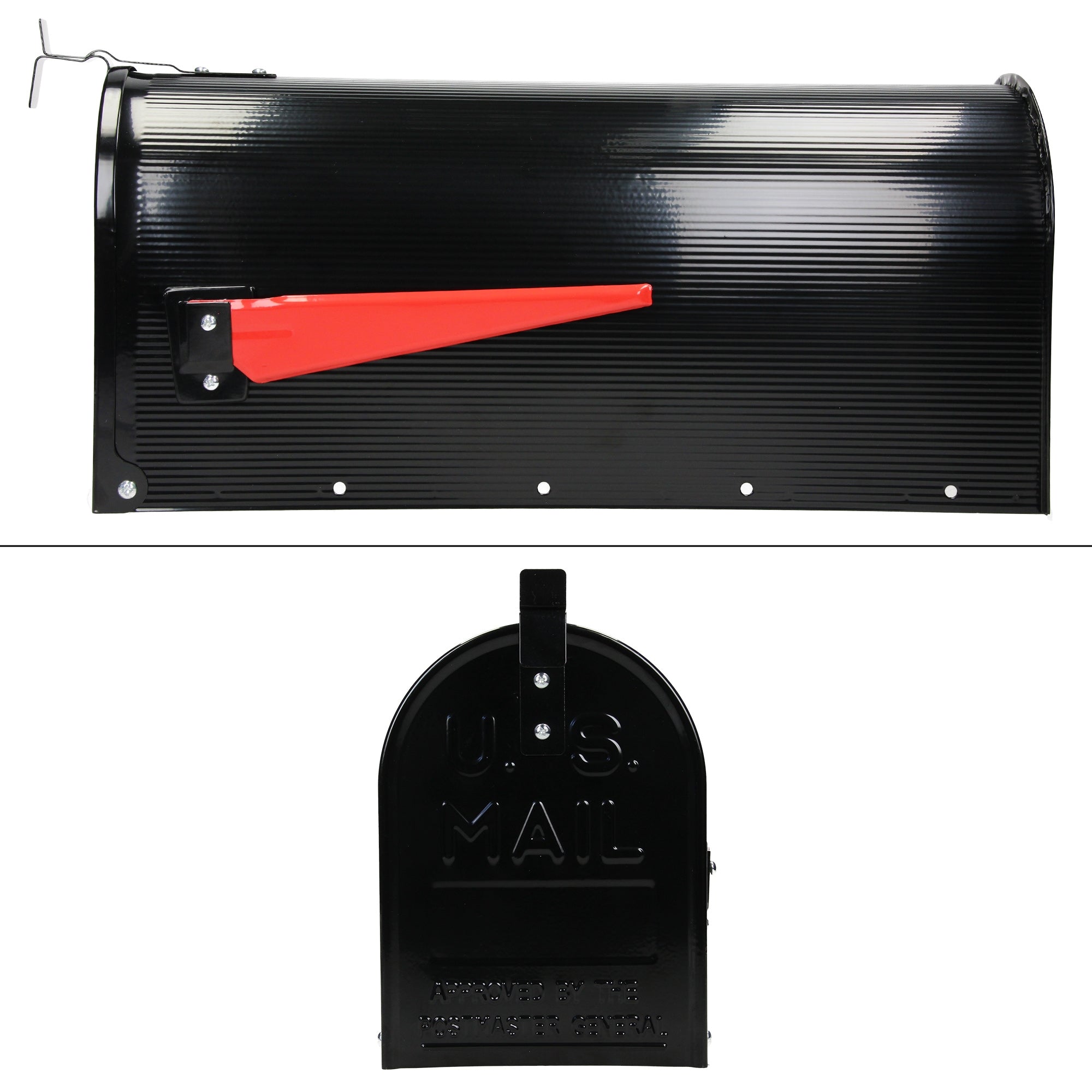 Schwarzer Briefkasten mit rotem Fahnenmechanismus.
