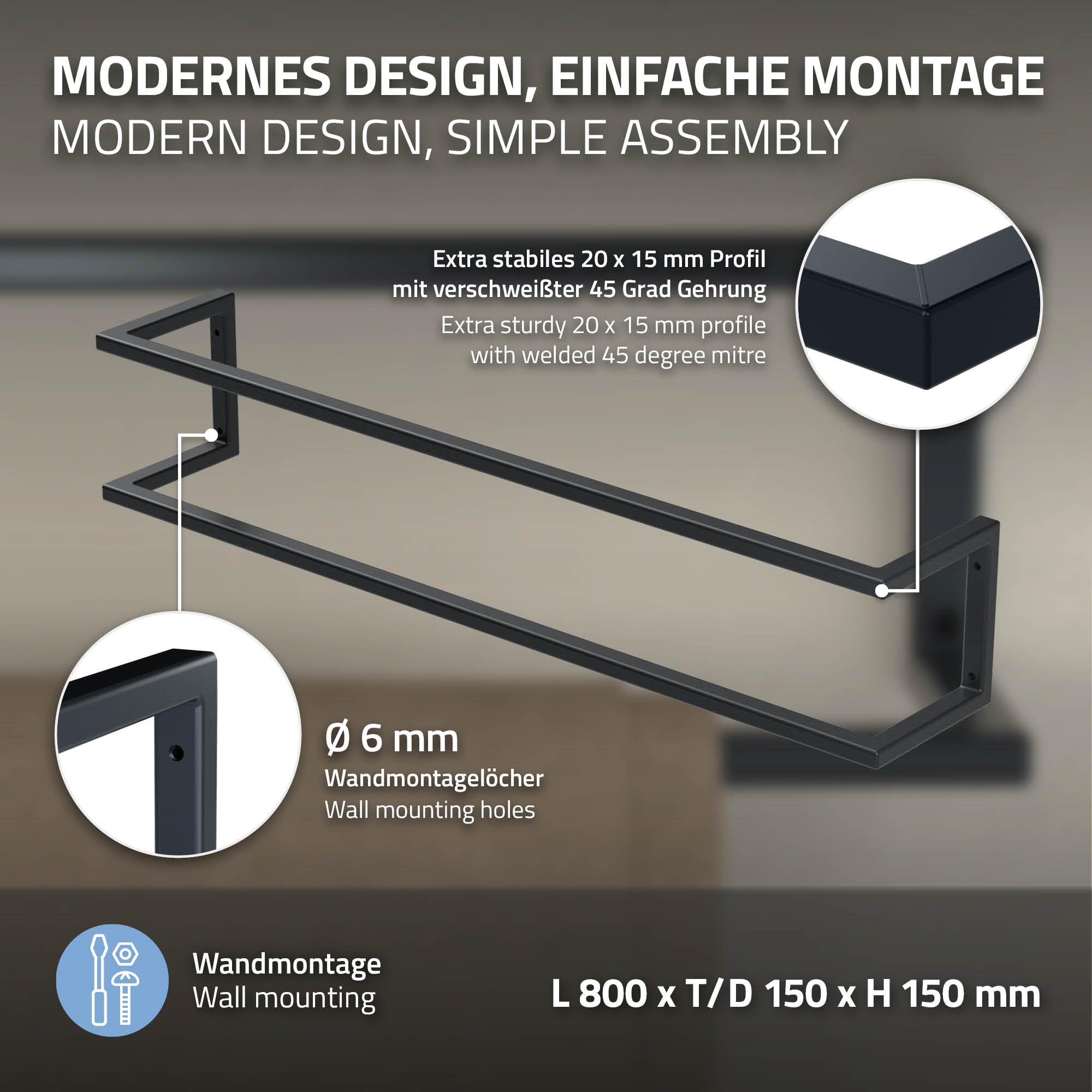 Montage mural avec des profils robustes et un angle de 45 degrés, dimensions indiquées.
