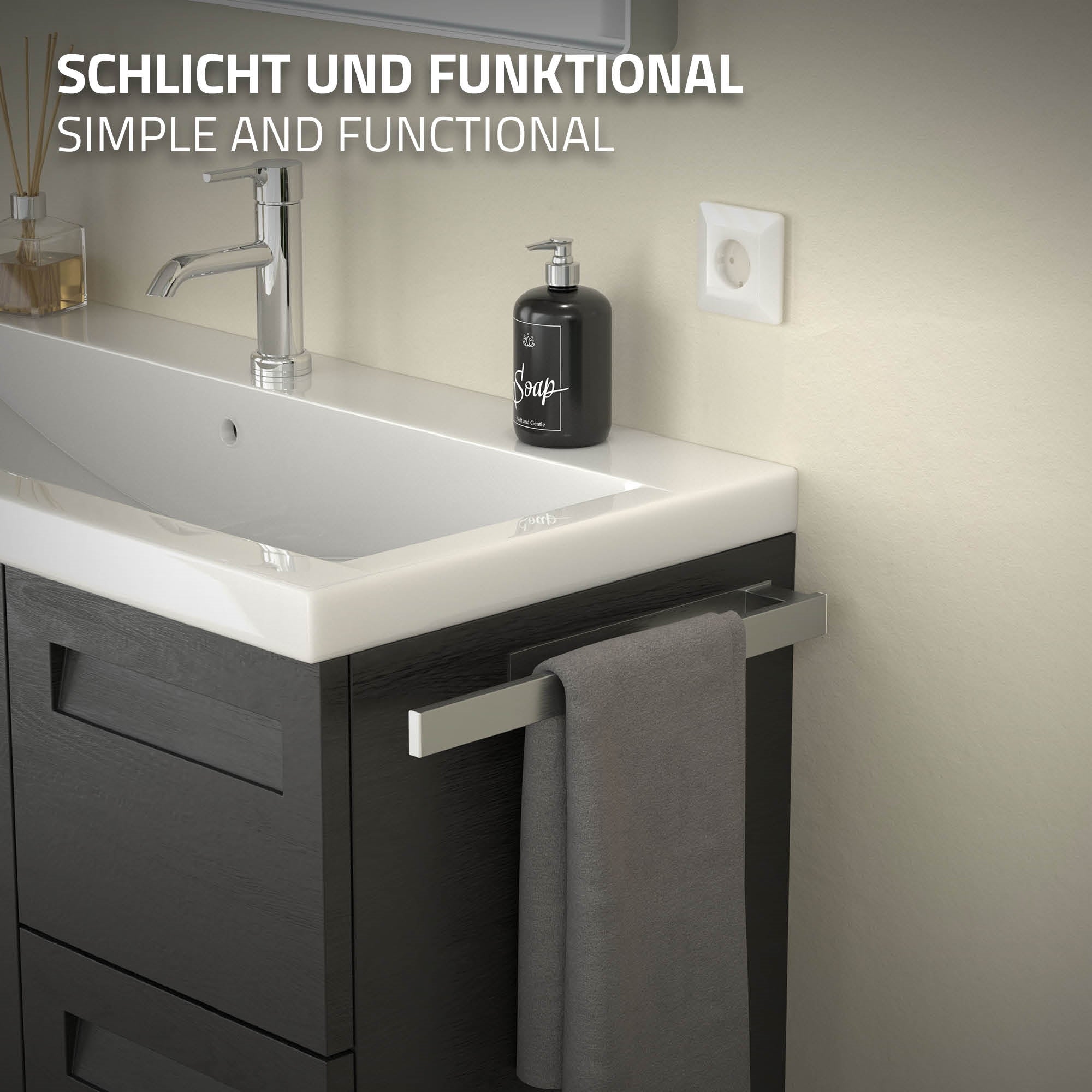 Ein Waschbecken mit Seifenspender und einem grauen Handtuch an einem Halter.