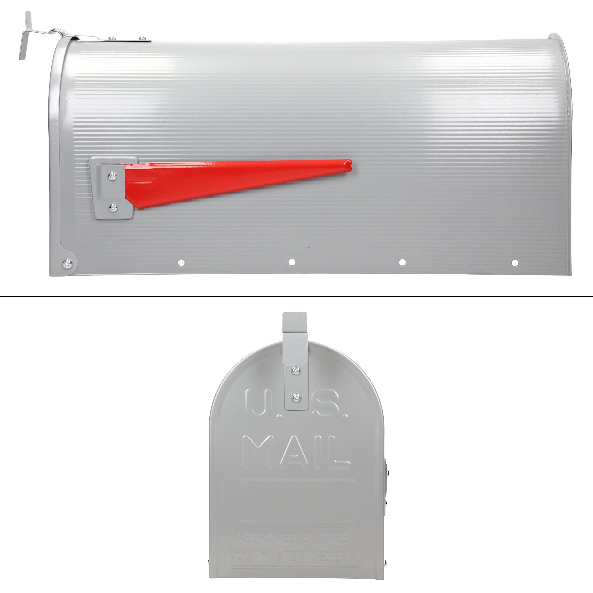 Grauer Briefkasten mit rotem Hebel und U.S. Mail Aufschrift.