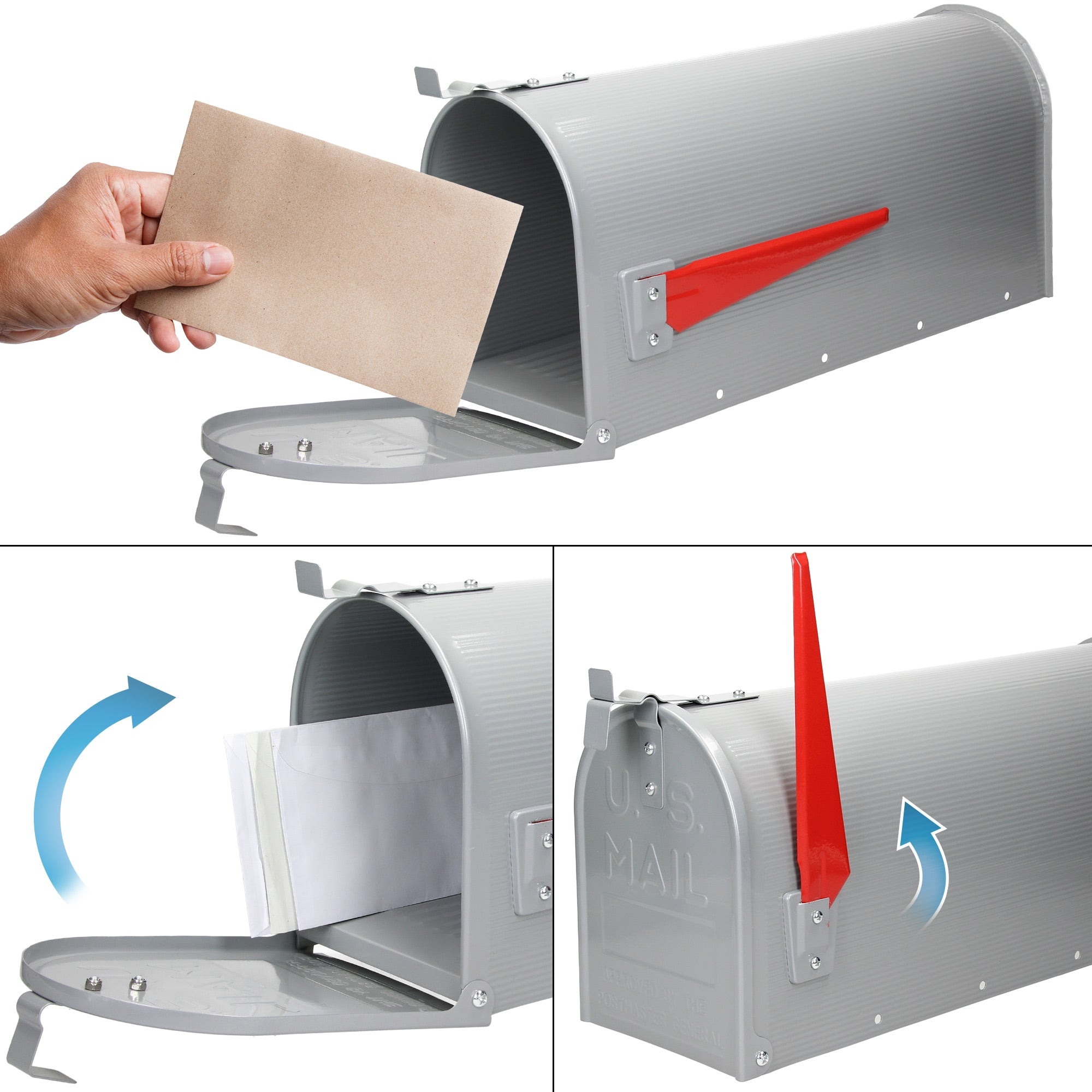 Grauer Briefkasten mit geöffneter Klappe und Brief in der Hand.