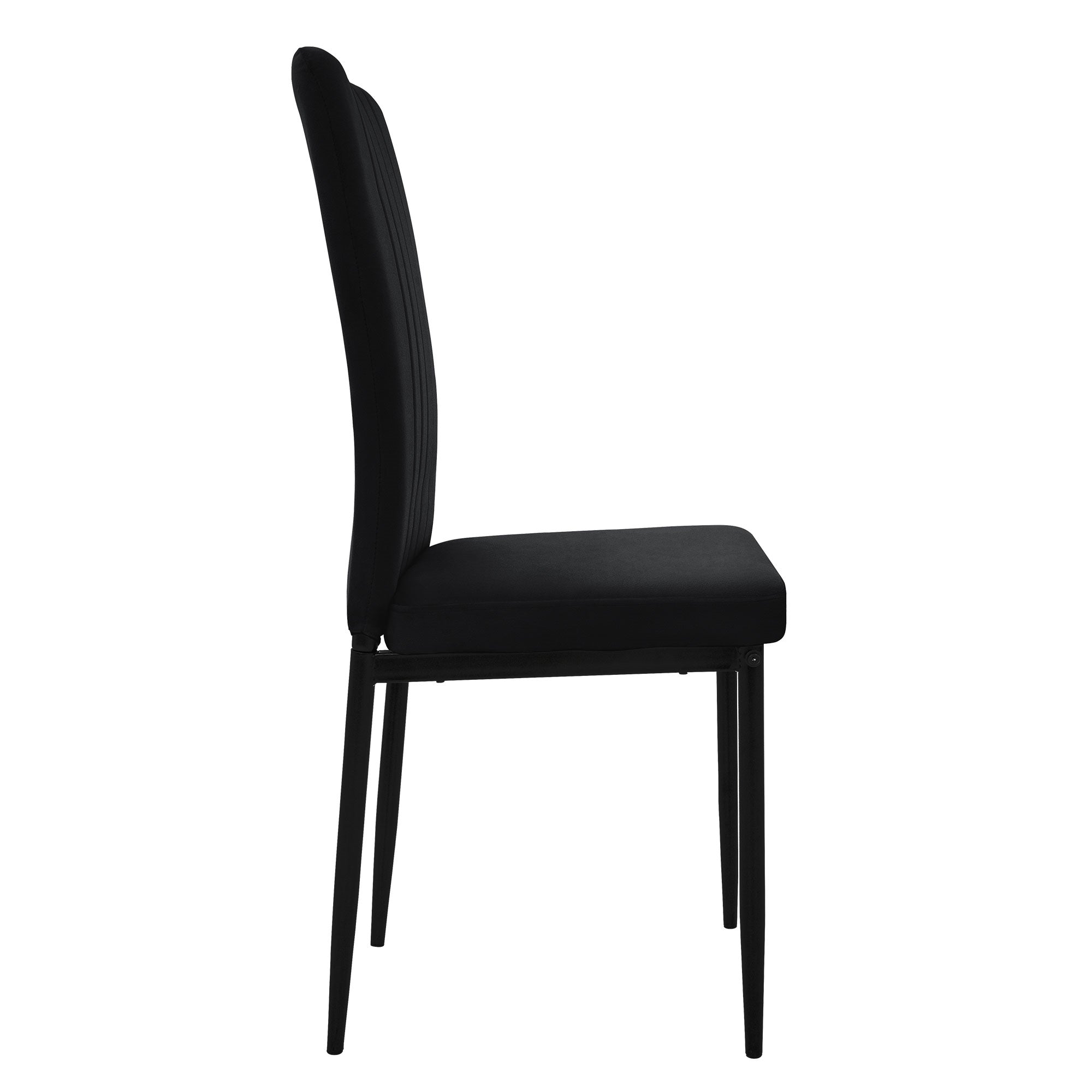 Vista lateral de una silla negra con asiento acolchado.